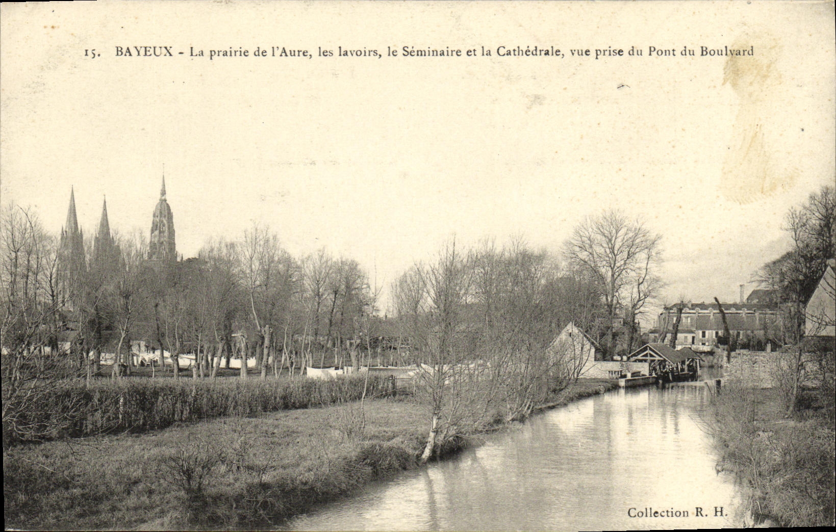 POSTAL Bayeux de la VENDIMIA el prado de L lavanderias automaticas del aure el seminario y la catedral vista del puente de Boulvard