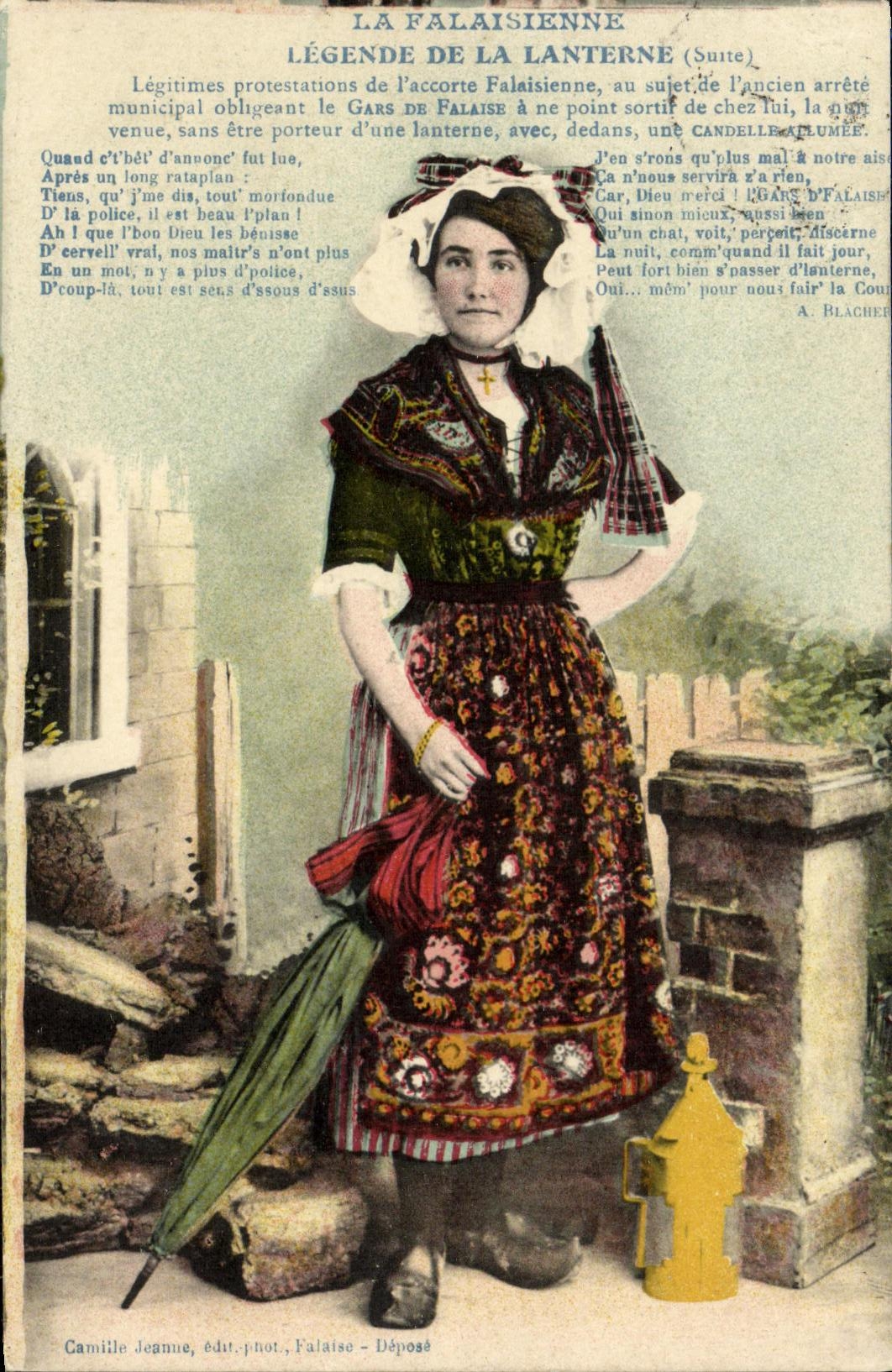 VINTAGE POSTCARD Falaisienne Captions Lantern Folklore Costume