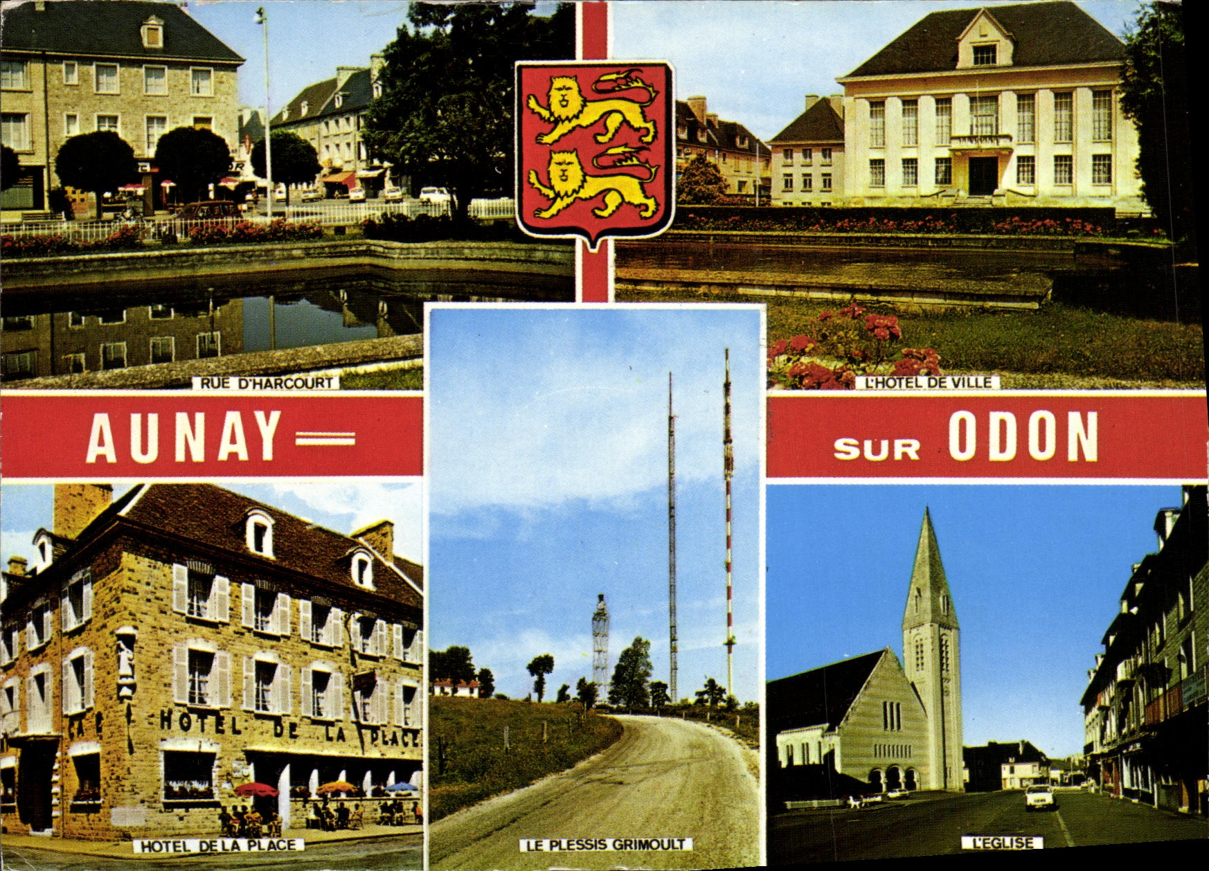 CPM Aunay sur Odon Rue d Harcourt Hotel de ville Eglise Plessis Grimoult Hotel de la place