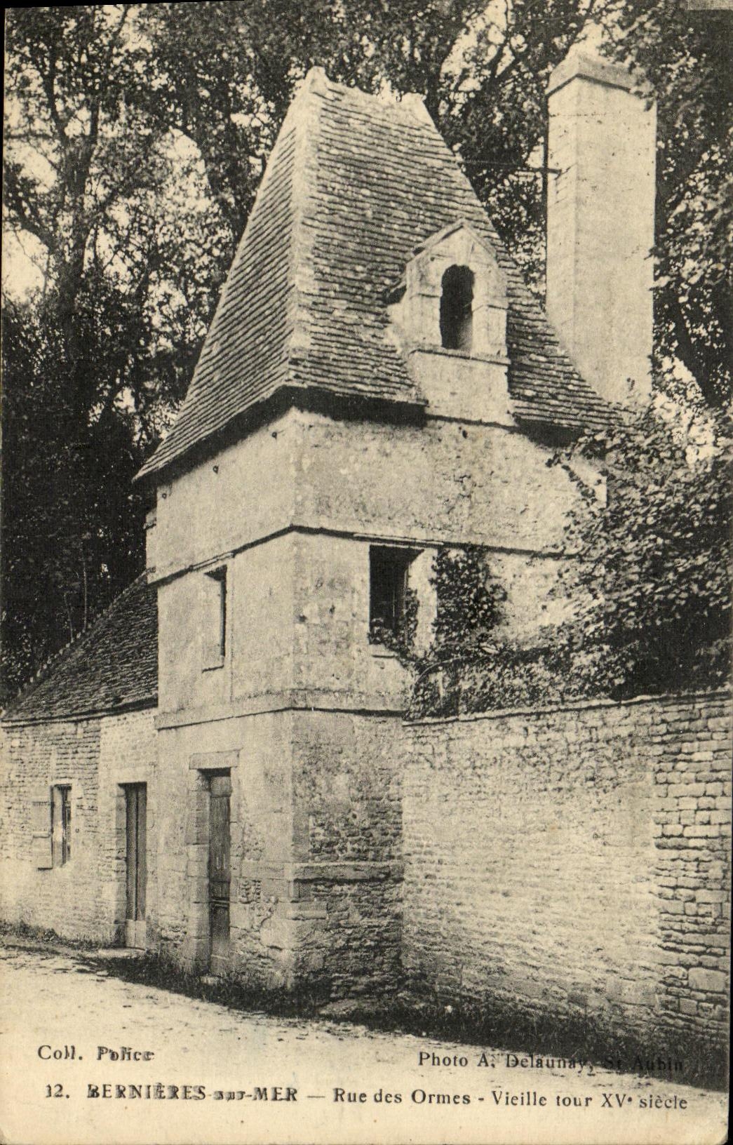 VINTAGE POSTCARD Bernieres on Sea Street of the Elms Old tower XV E Century