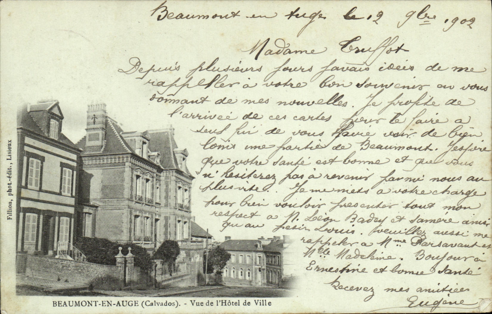 VINTAGE POSTCARD Beaumont out of Trough Seen of L Town hall