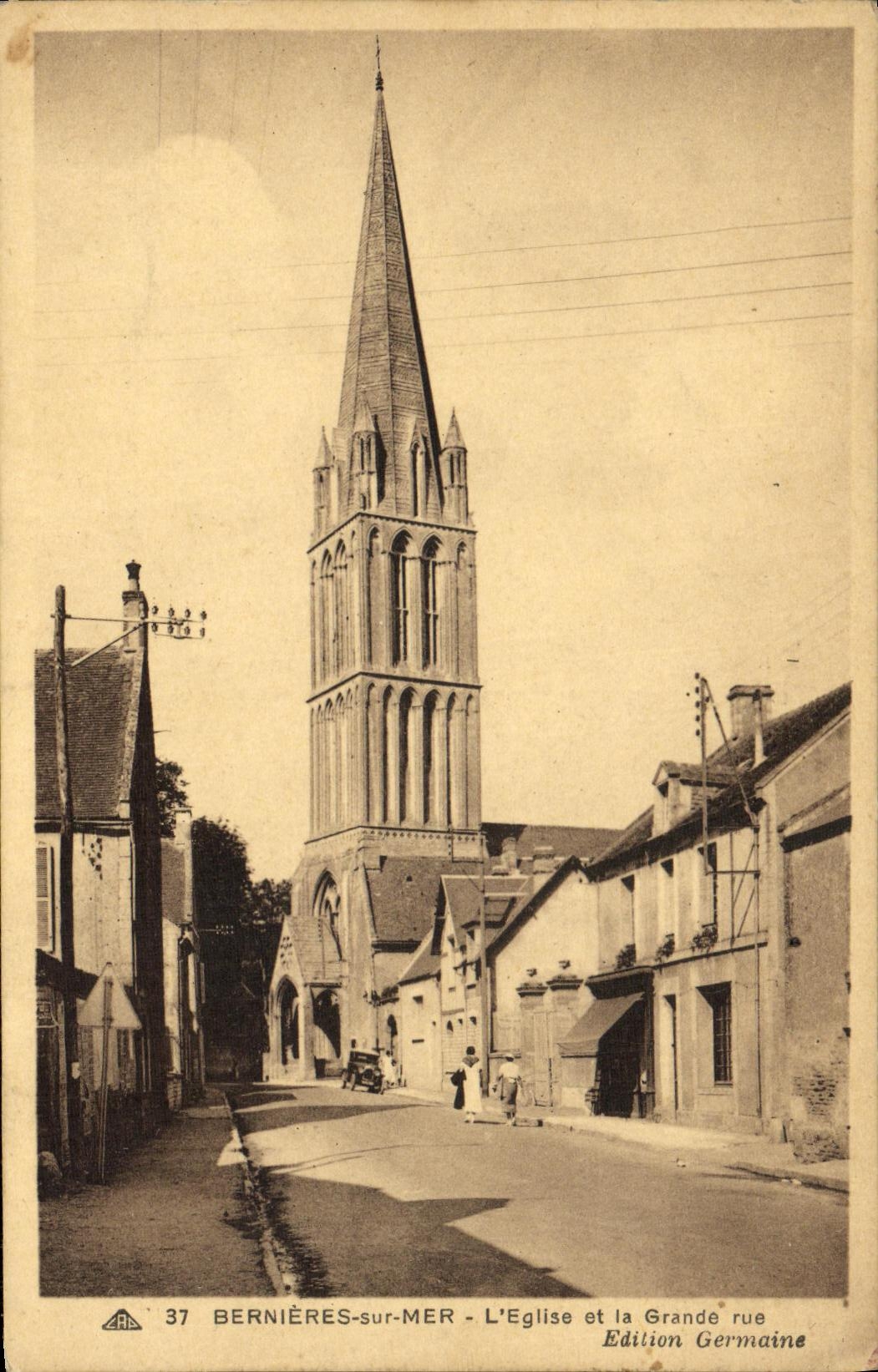 VINTAGE POSTCARD Bernieres on Sea L Church and Main street