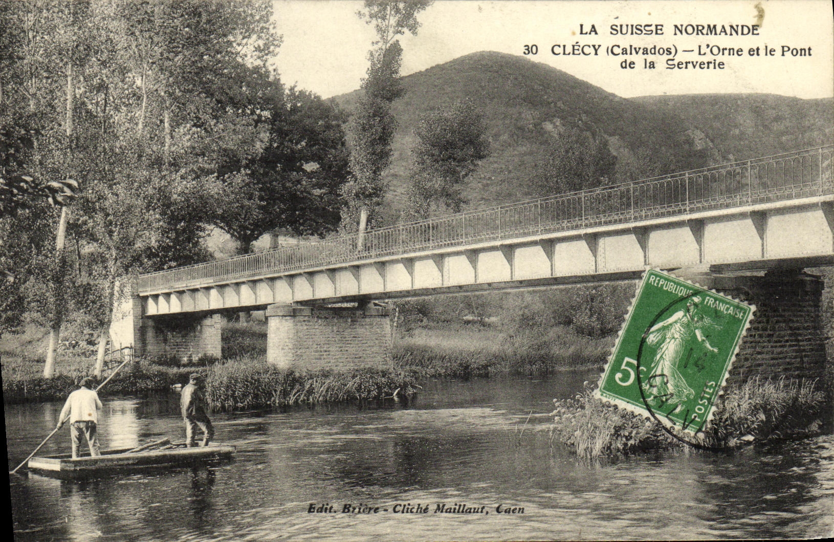 La POSTAL Suiza Normande Clecy L de la VENDIMIA adorna y el puente de la barca de Serverie