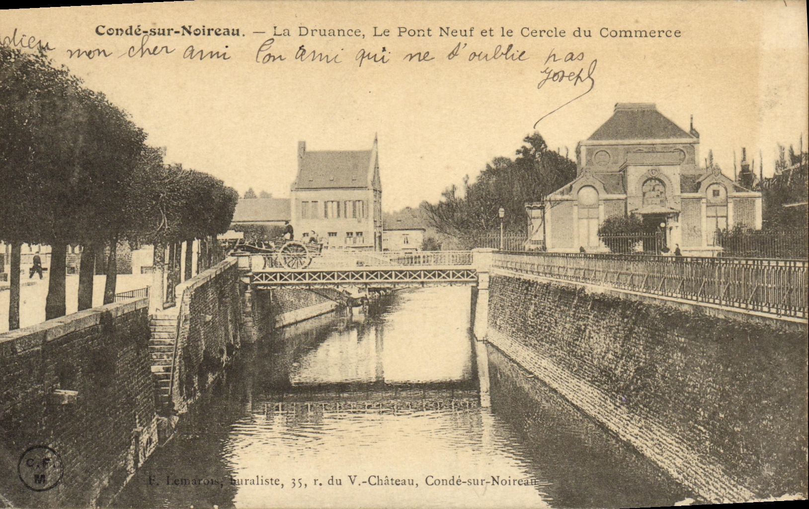 VINTAGE POSTCARD Cop On Noireau Druance the Bridge and the Circle Commercial