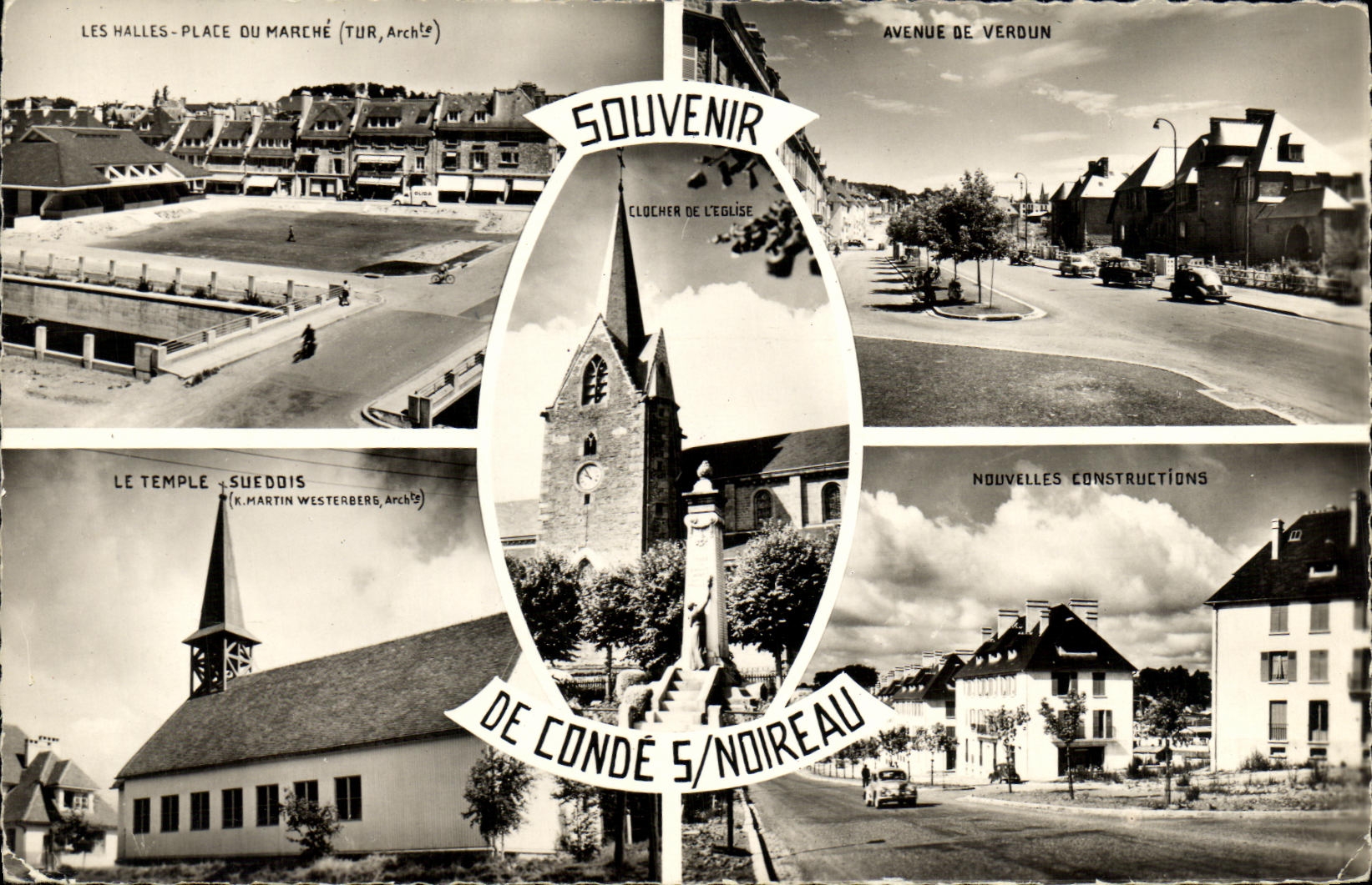 CPM Conde Sur Noireau Souvenir Les halles Place du marche Avenue de Verdun Temple suedois Nouvelles constructions 