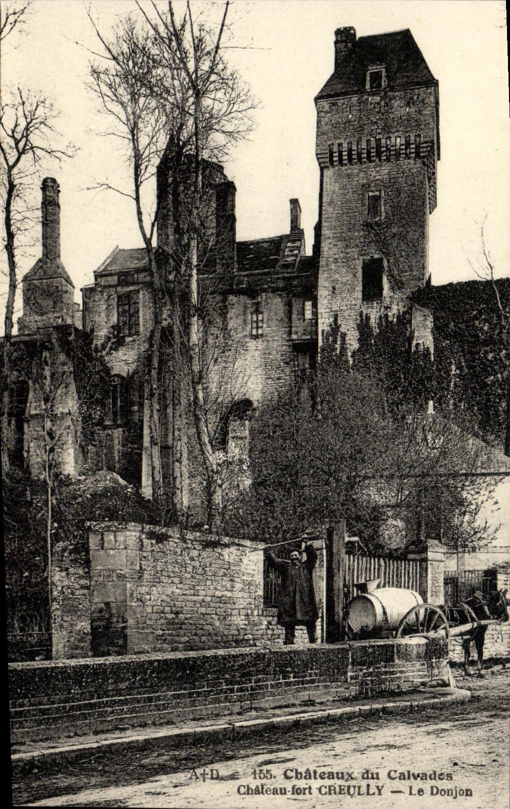 Castillo de la POSTAL de la VENDIMIA del castillo Creully fuerte del Apple brandy el caracter de la subsistencia que encarga de L agua al caballo bien