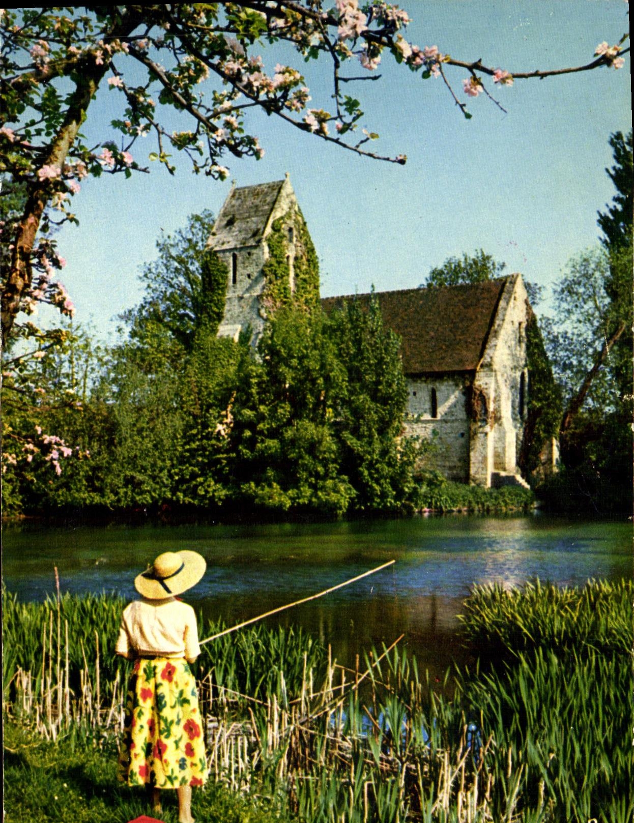 MODERN CARD Colors and Light of France luxuriant Normandy Criqueboeuf on the Dimension of Grace and its old church Fishes