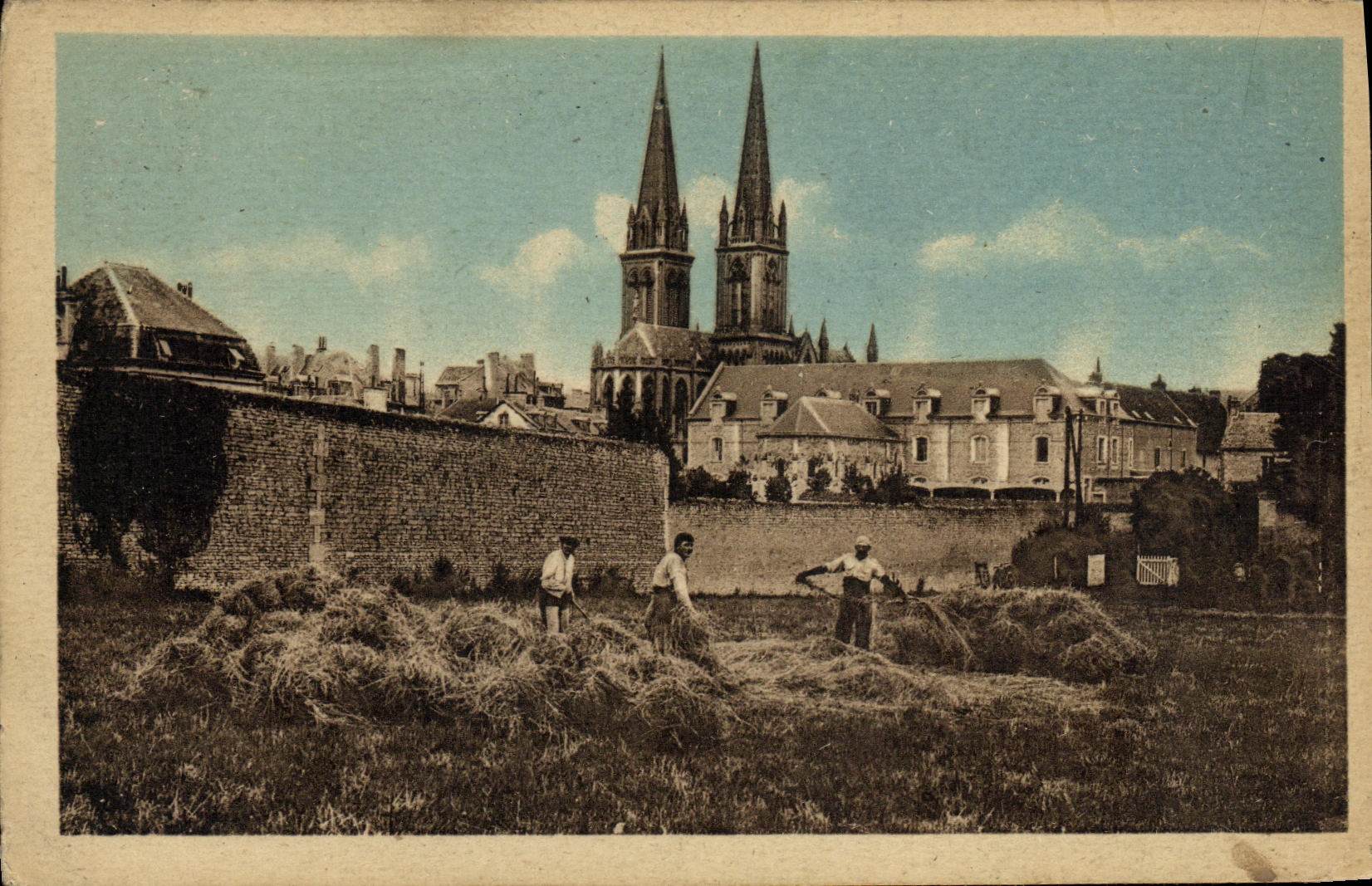 VINTAGE POSTCARD Delivrande View on Notre Dame of Delivrande Peasants Culture Hays Mowing