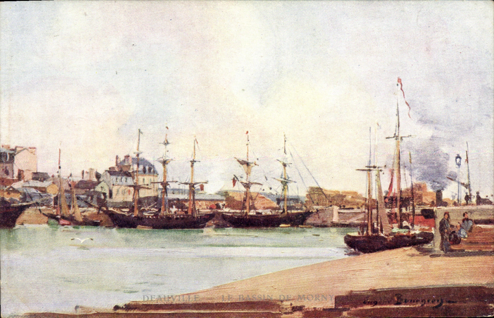 VINTAGE POSTCARD Deauville Flowered Beach the Basin of morny Boats