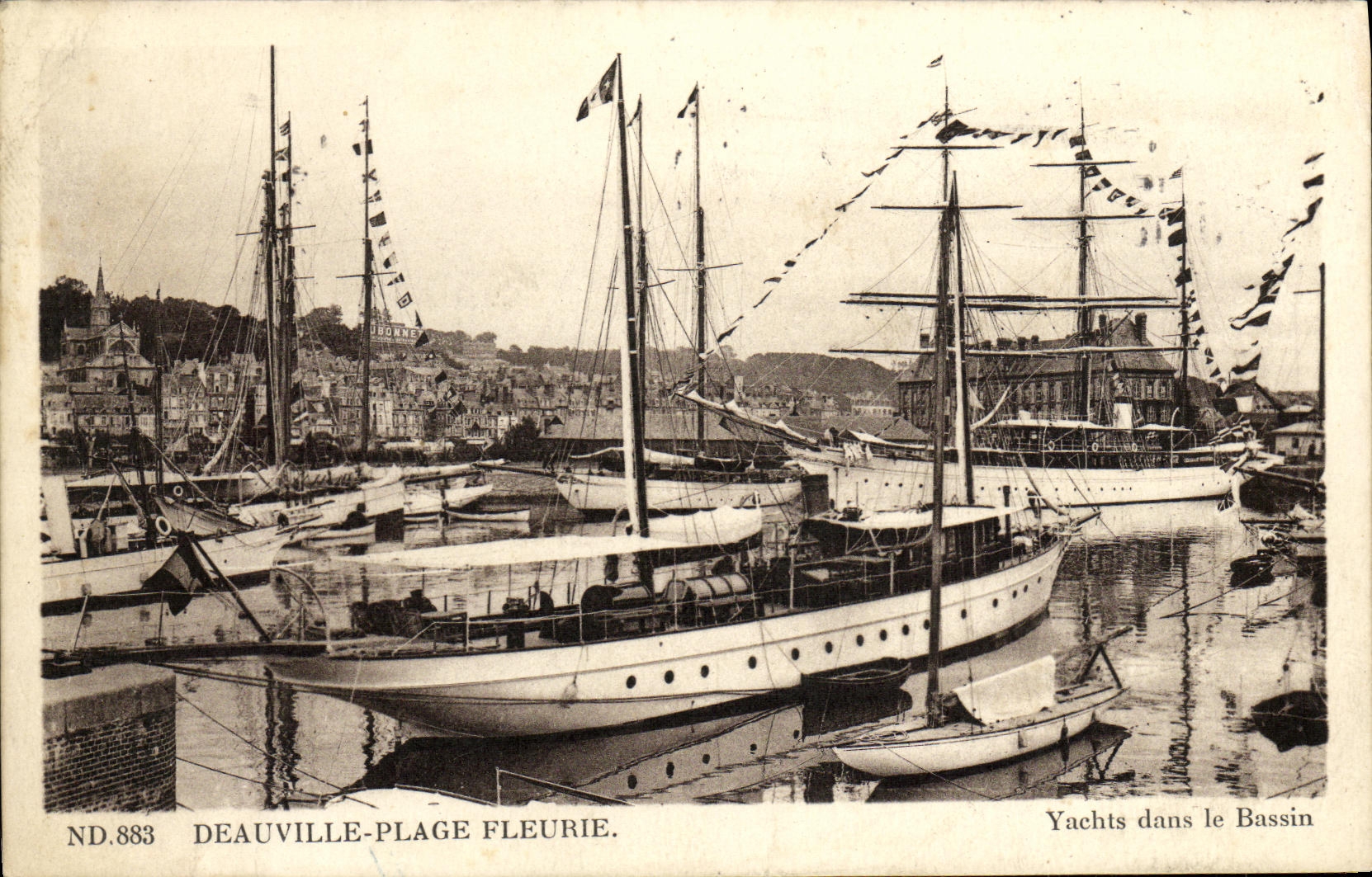 VINTAGE POSTCARD Deauville Flowered Beach Yacht in the Basin Boats