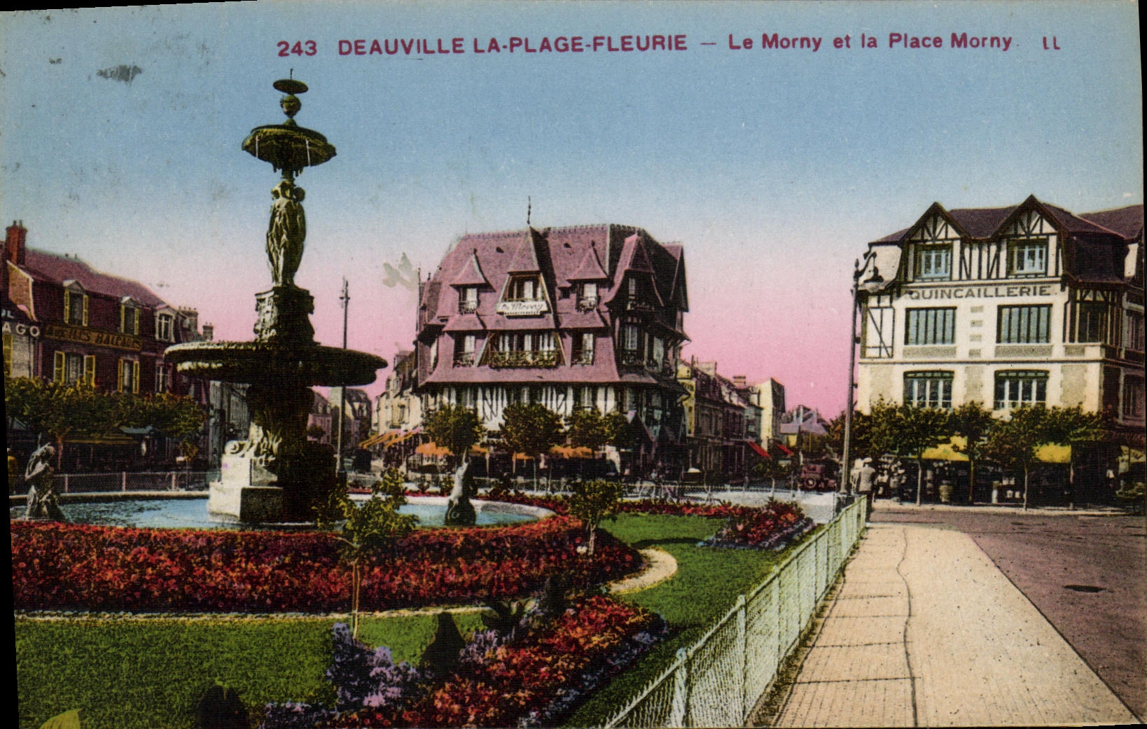 POSTAL Deauville de la VENDIMIA la playa florecida Morny y el hardware de Morny del lugar
