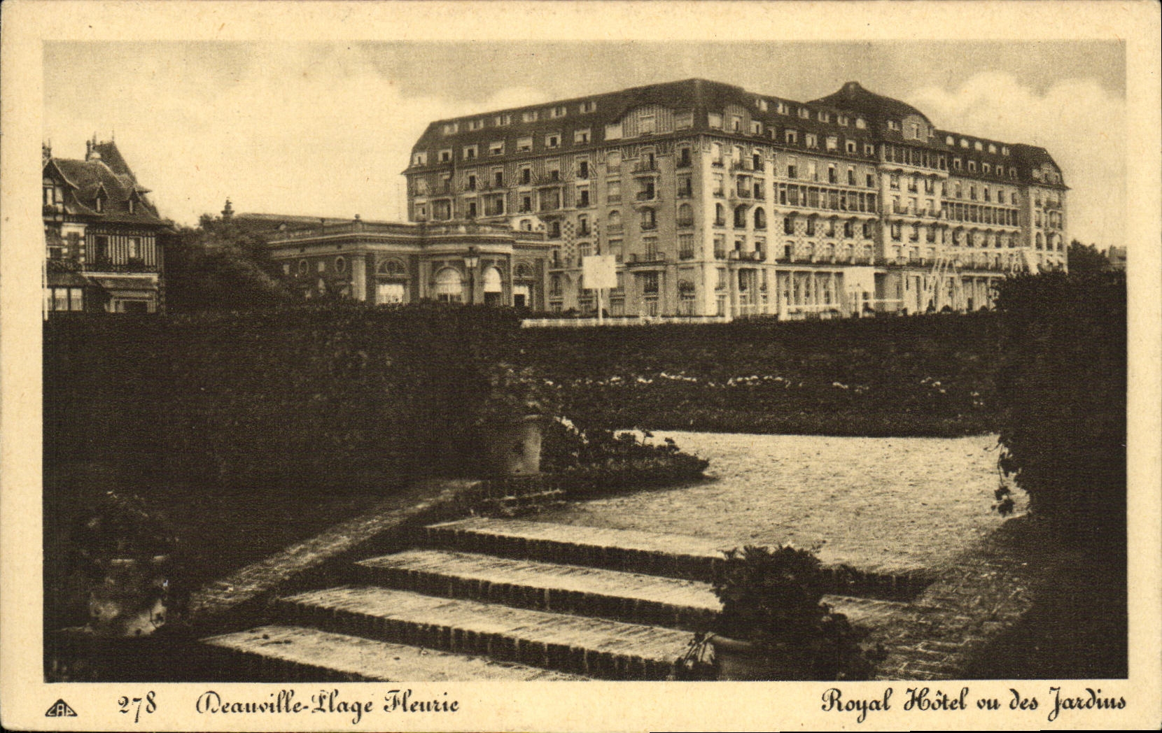 VINTAGE POSTCARD Deauville Flowered Beach Royal Hotel seen of the Gardens