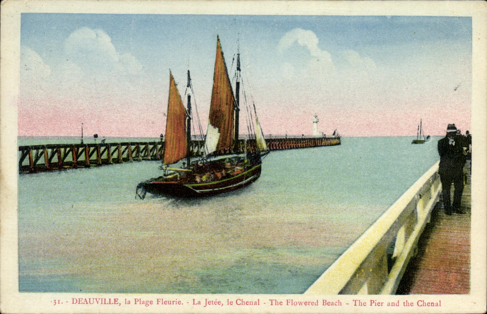 POSTAL Deauville de la VENDIMIA la playa florecida el embarcadero el barco de canal