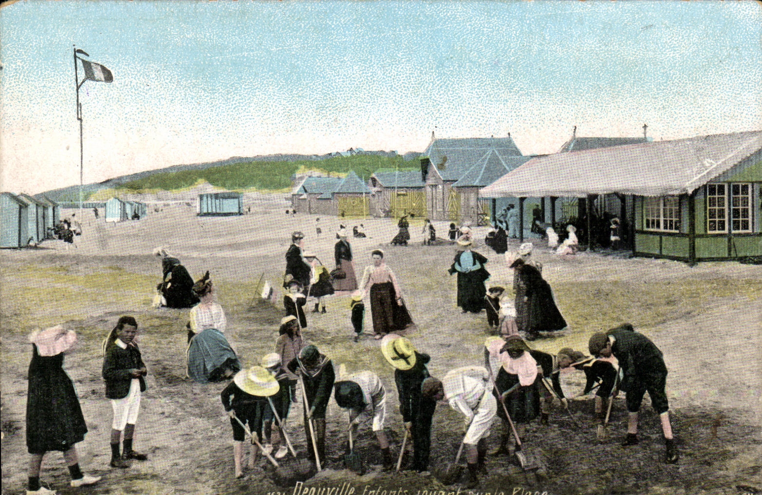 Ninos de Deauville de la POSTAL de la VENDIMIA que explotan la playa