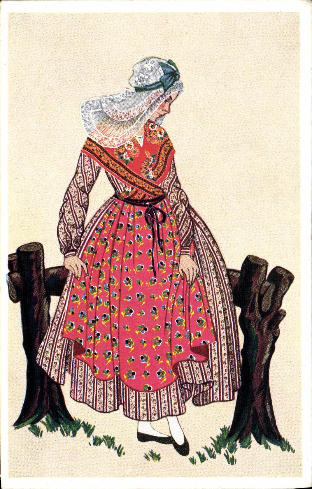 Traje del folklore de la chica joven de Honfleur de la POSTAL de la VENDIMIA diecinueveavo