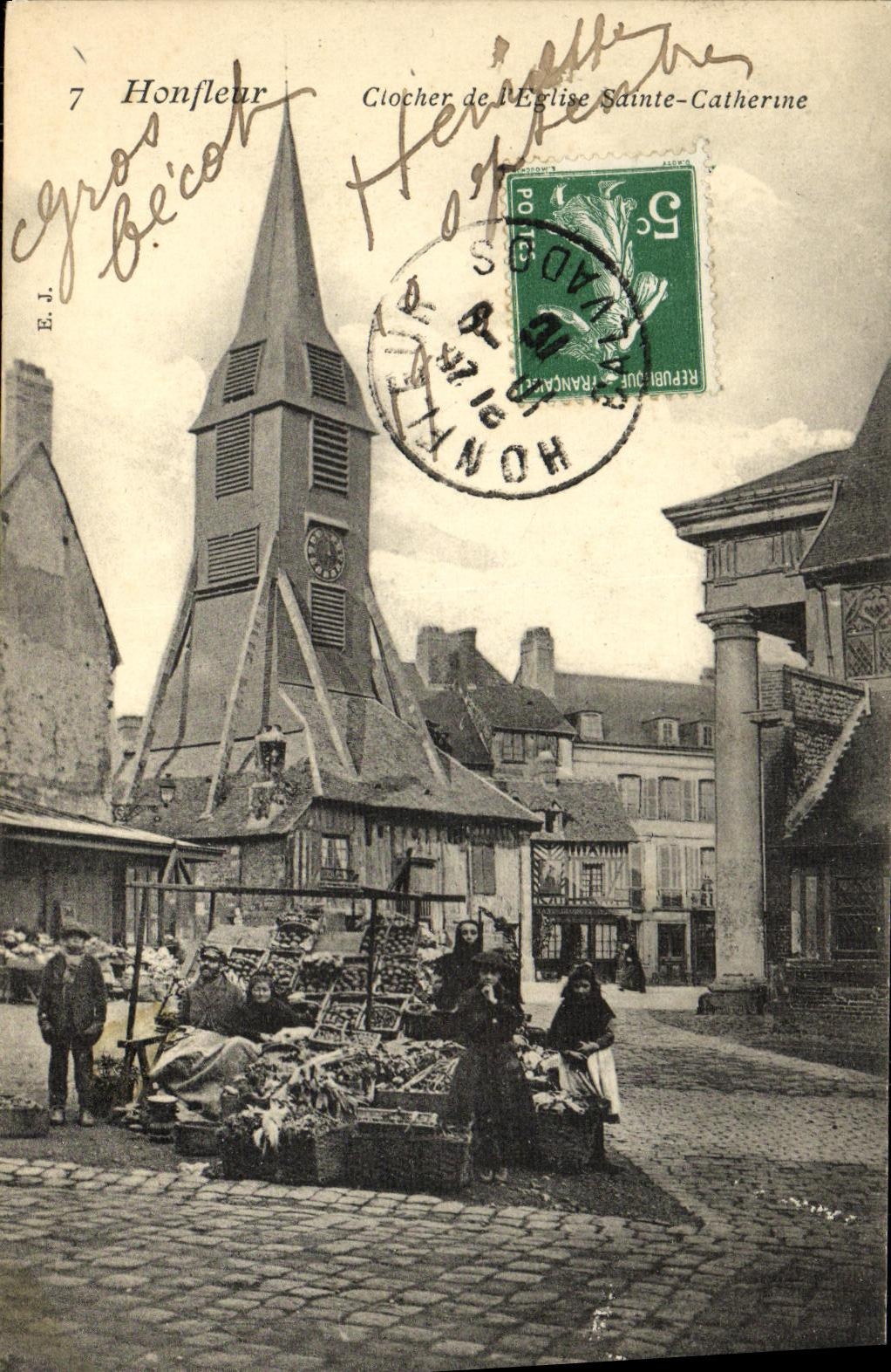 POSTAL Honfleur de la VENDIMIA la Campana torre de L de la iglesia TAPA de Catherine Marche Saint