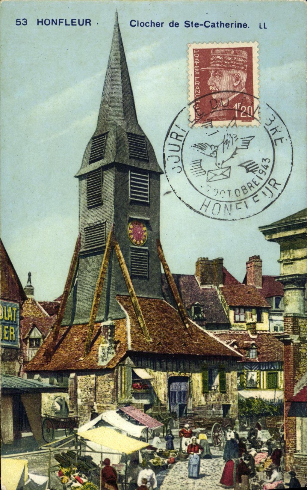 POSTAL Honfleur de la VENDIMIA la Campana torre Sainte del dia de Catherine Marche de la estampilla 1943