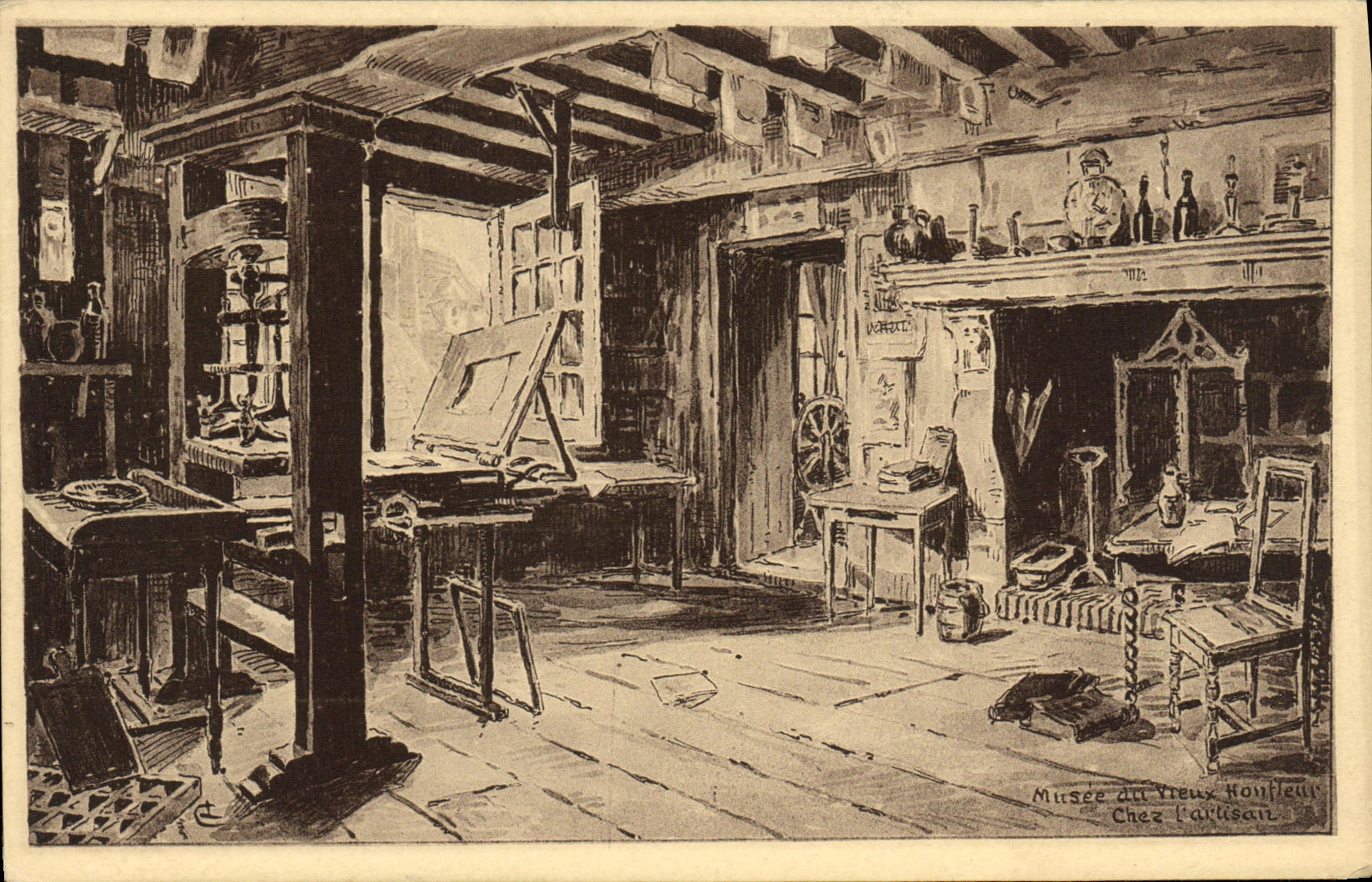 Museo de Honfleur de la POSTAL de la VENDIMIA del viejo hombre en L artesano