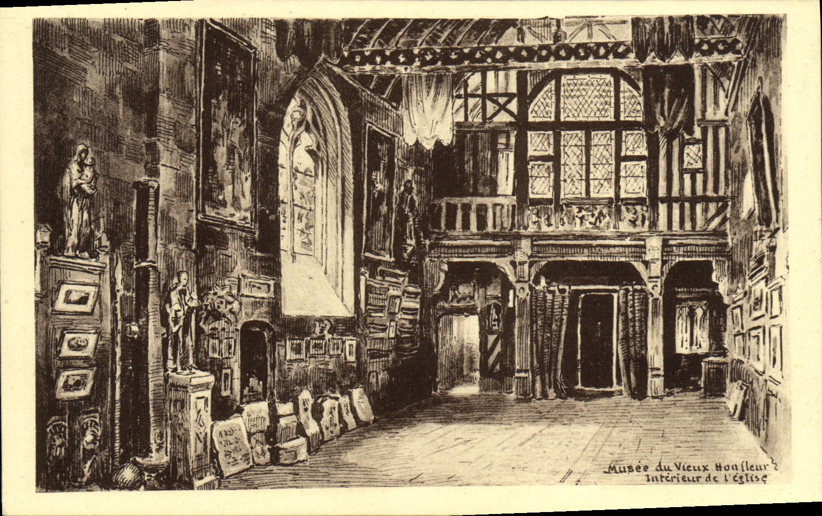 Museo de Honfleur de la POSTAL de la VENDIMIA del viejo interior de L iglesia