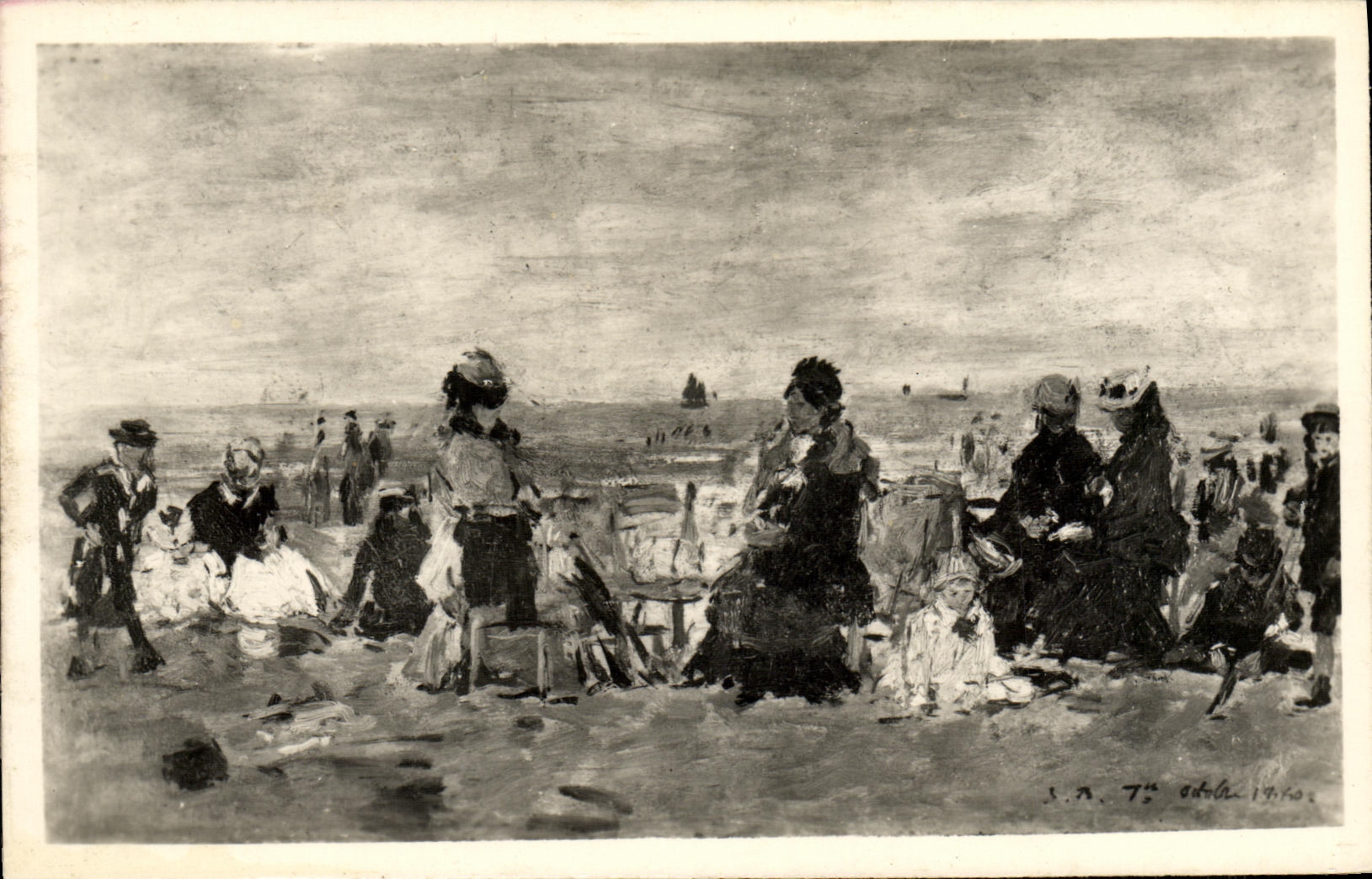 POSTAL Honfleur Boudin Eugene de la VENDIMIA en la playa