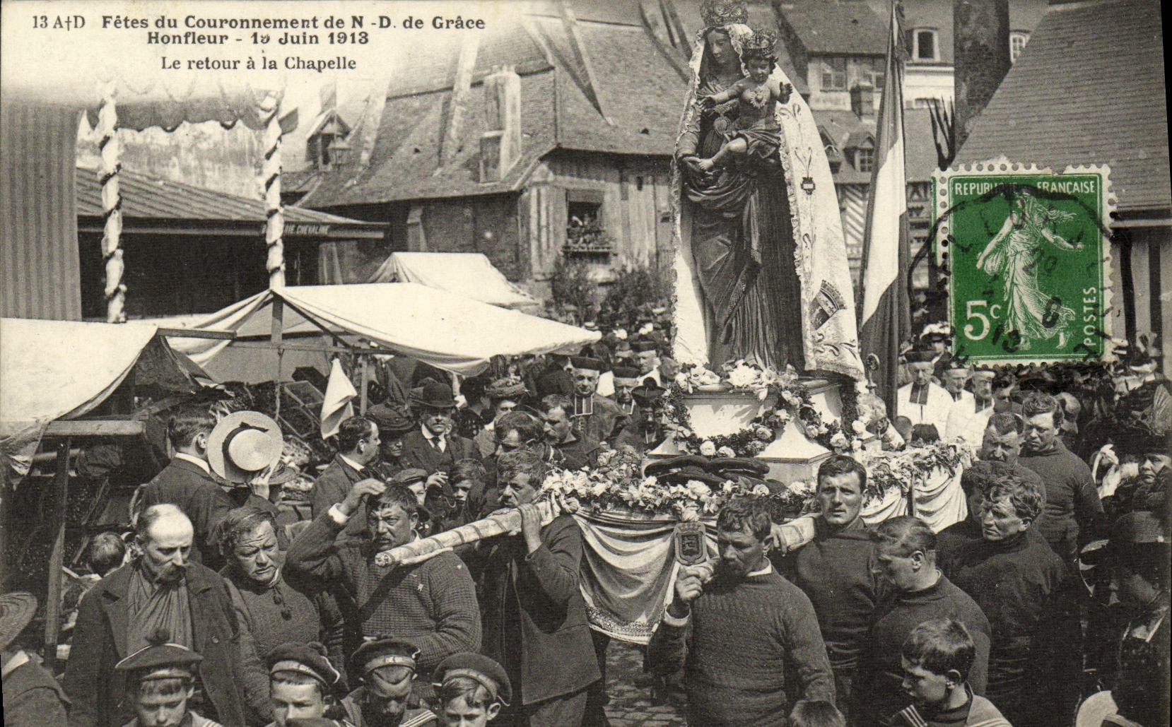 Los festivales de Honfleur de la POSTAL de la VENDIMIA del couronnemetn del ND Gradce del 19 de junio de 1913 la vuelta a los marineros de la camara acorazada que llevan Viergeb REMATAN