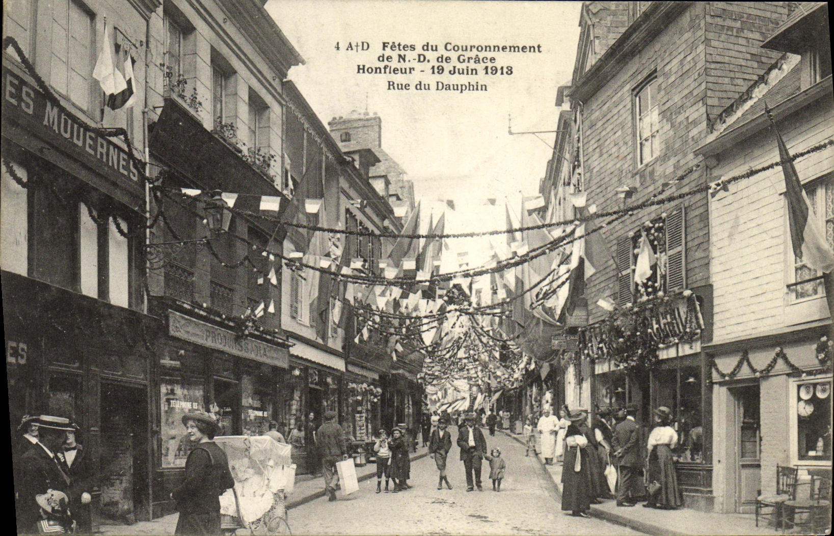 Festivales de Honfleur de la POSTAL de la VENDIMIA de la coronacion del Nd tolerancia de la calle del 19 de junio de 1913 de la TAPA del delfin