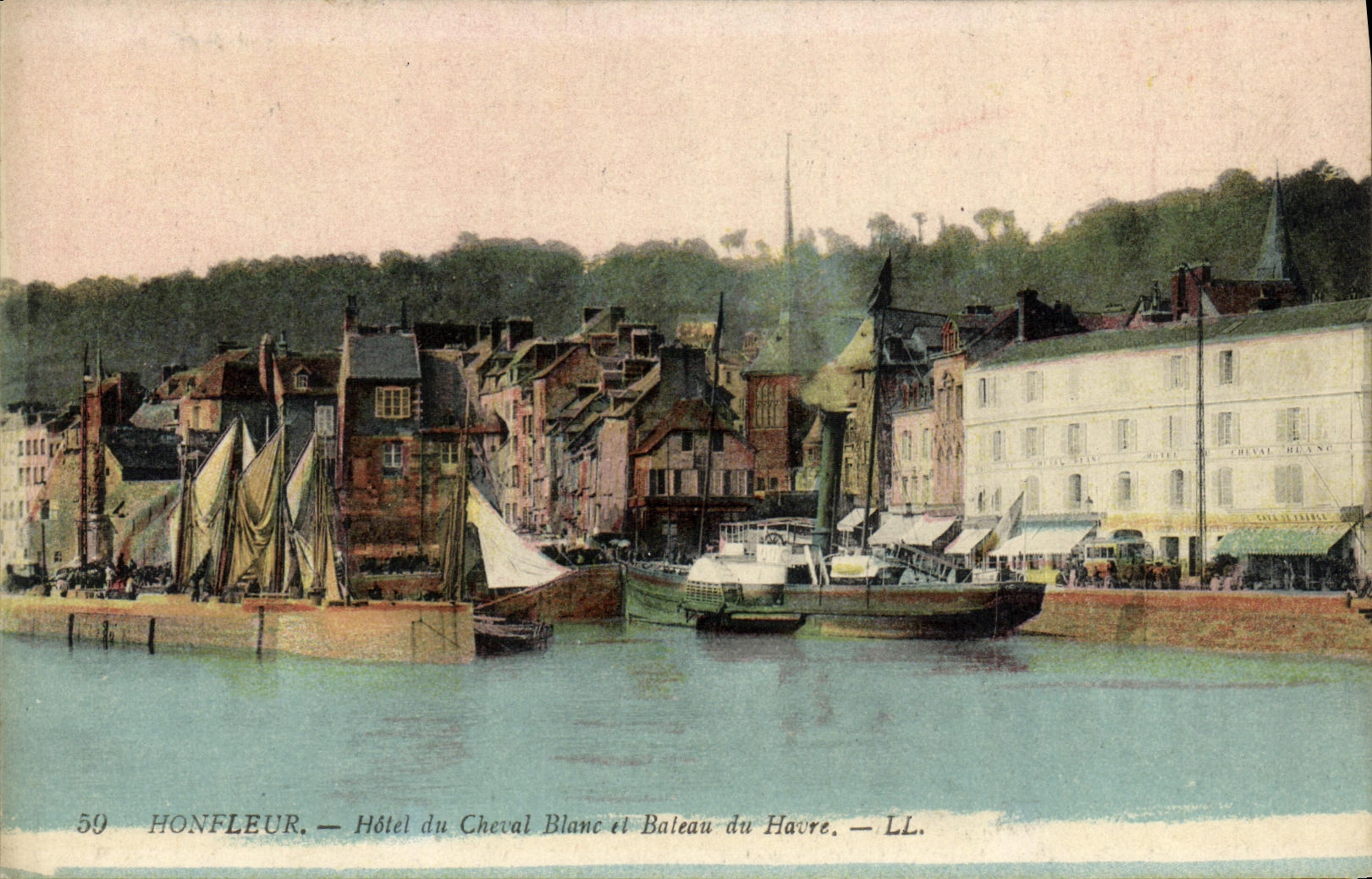 Hotel de Honfleur de la POSTAL de la VENDIMIA del caballo blanco y del barco de Le Havre