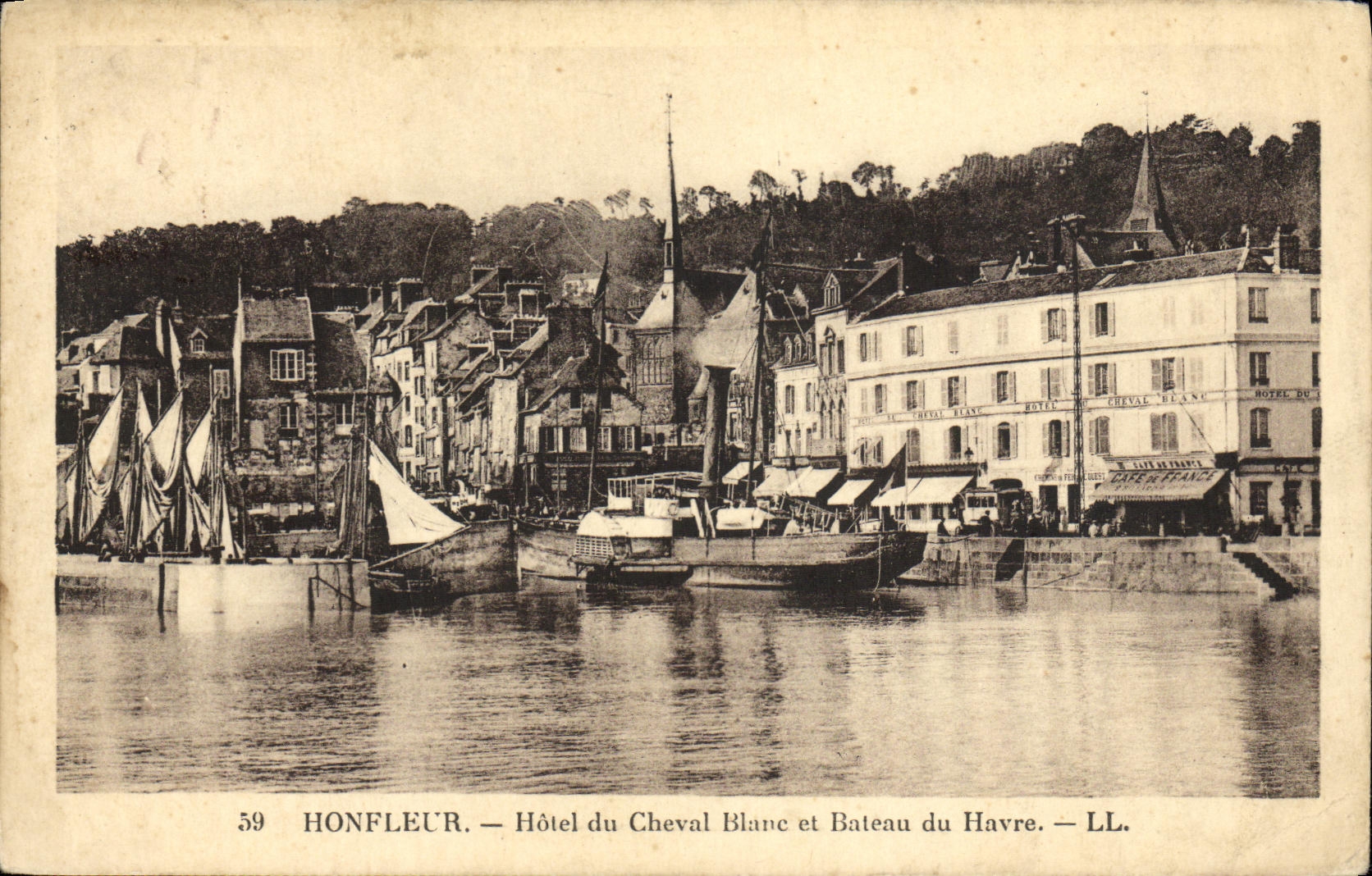 Hotel de Honfleur de la POSTAL de la VENDIMIA del caballo de Blane y del barco de Le Havre