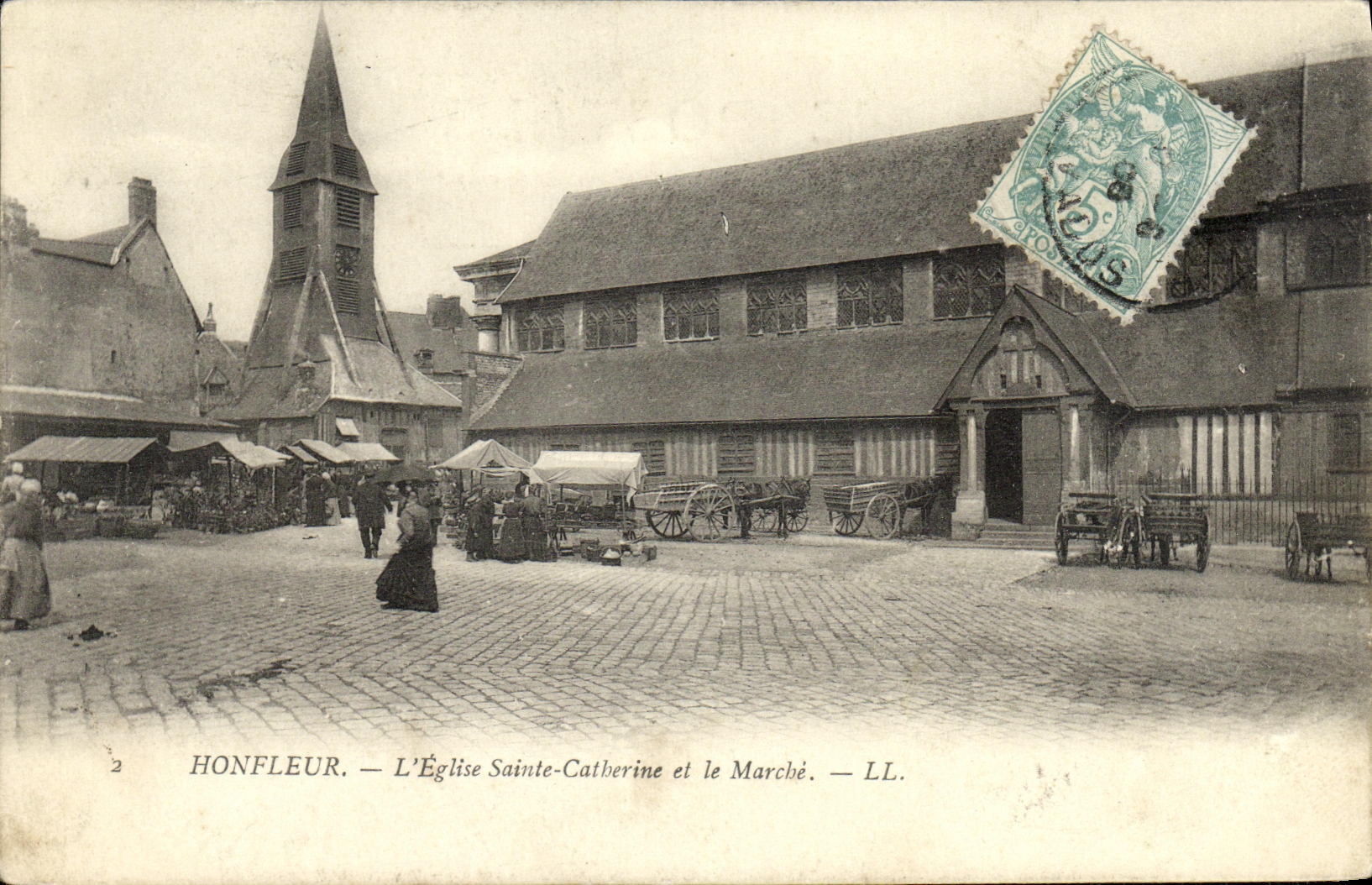 POSTAL Honfleur L iglesia Sainte Catherine y mercado de la VENDIMIA