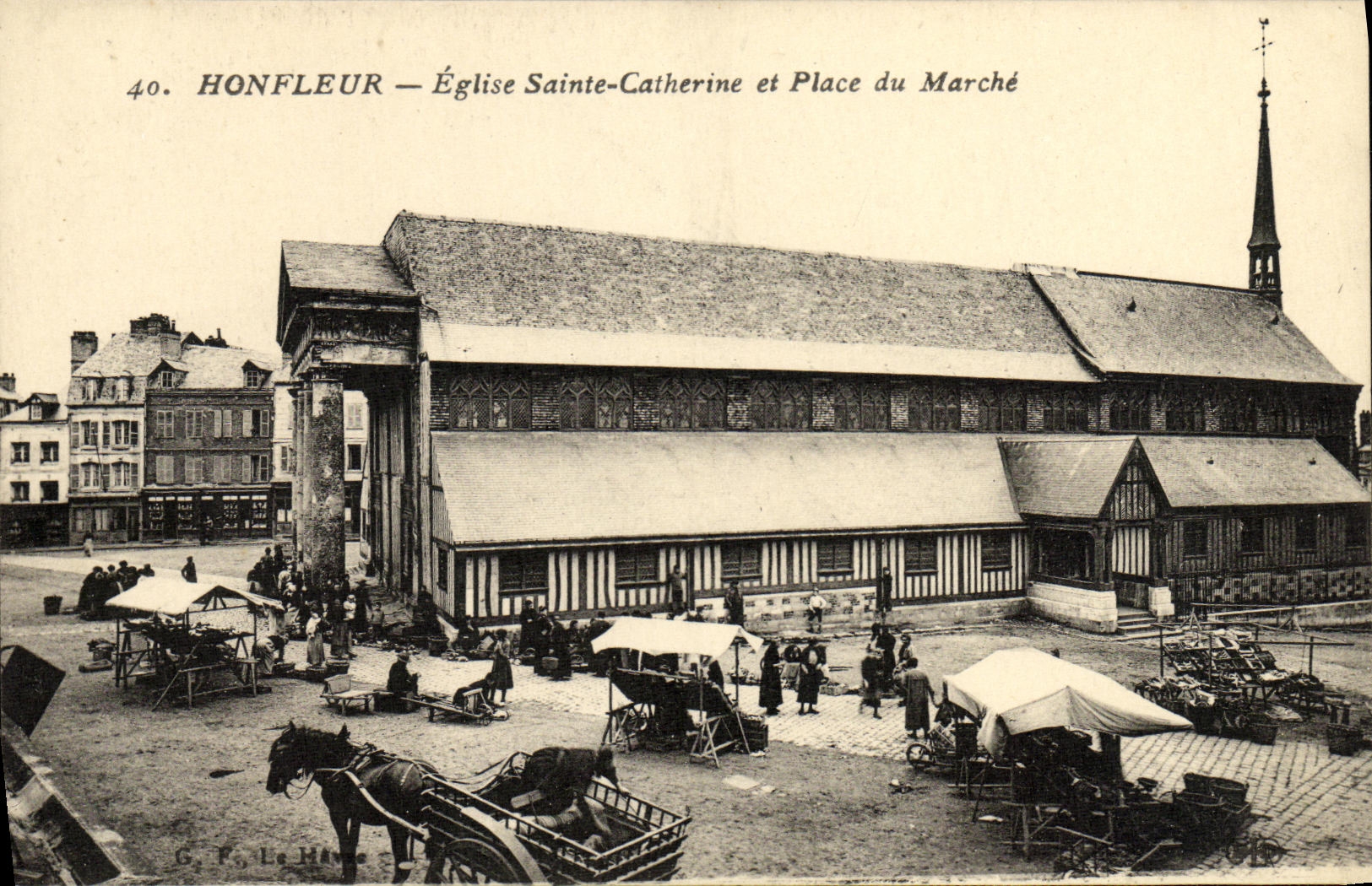Iglesia Sainte Catherine de Honfleur de la POSTAL de la VENDIMIA y lugar del mercado