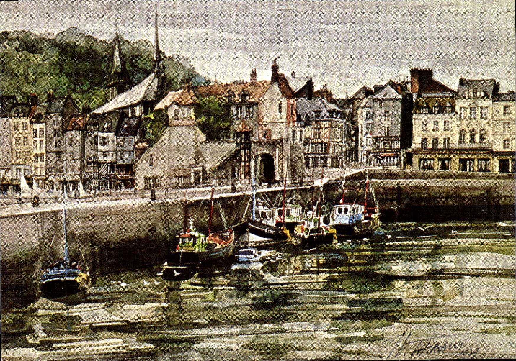 POSTAL MODERNA Honfleur L antes del watercolour portuario de Jean Louis Thibaut