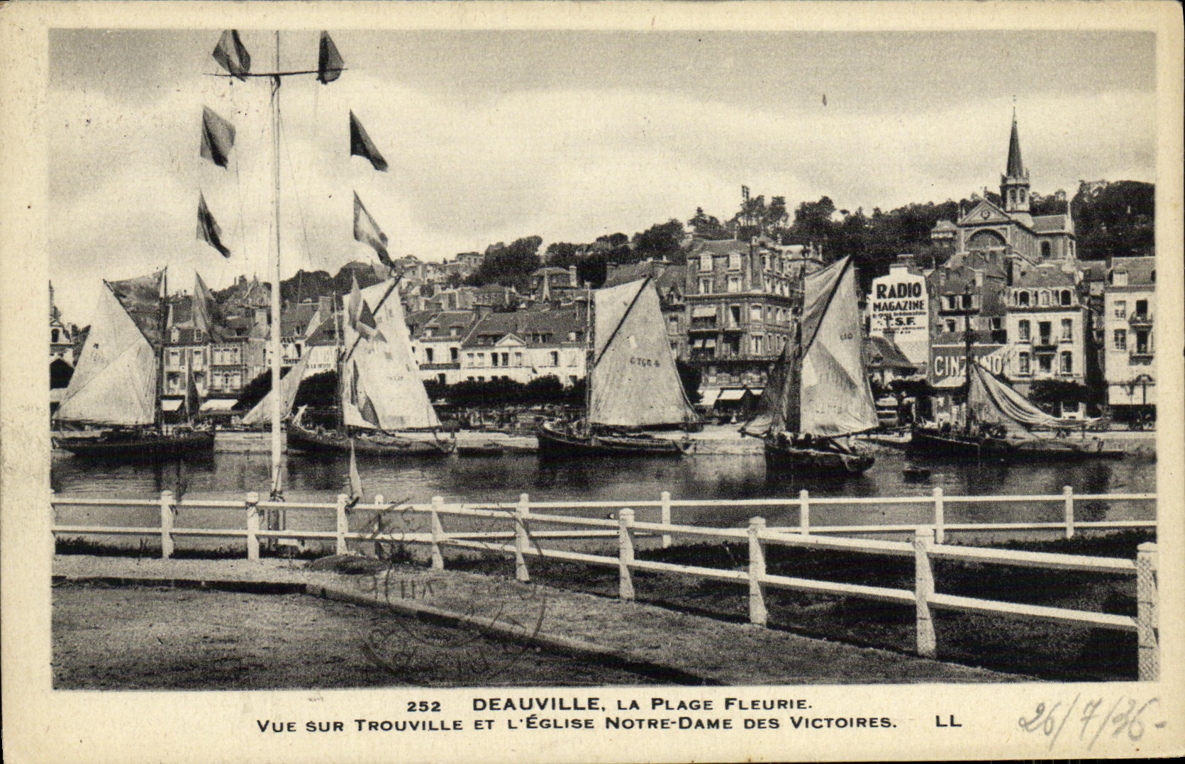 VINTAGE POSTCARD Deauville the Flowered Beach Seen on Trouville and L Notre Dame Church of the Victories Boats