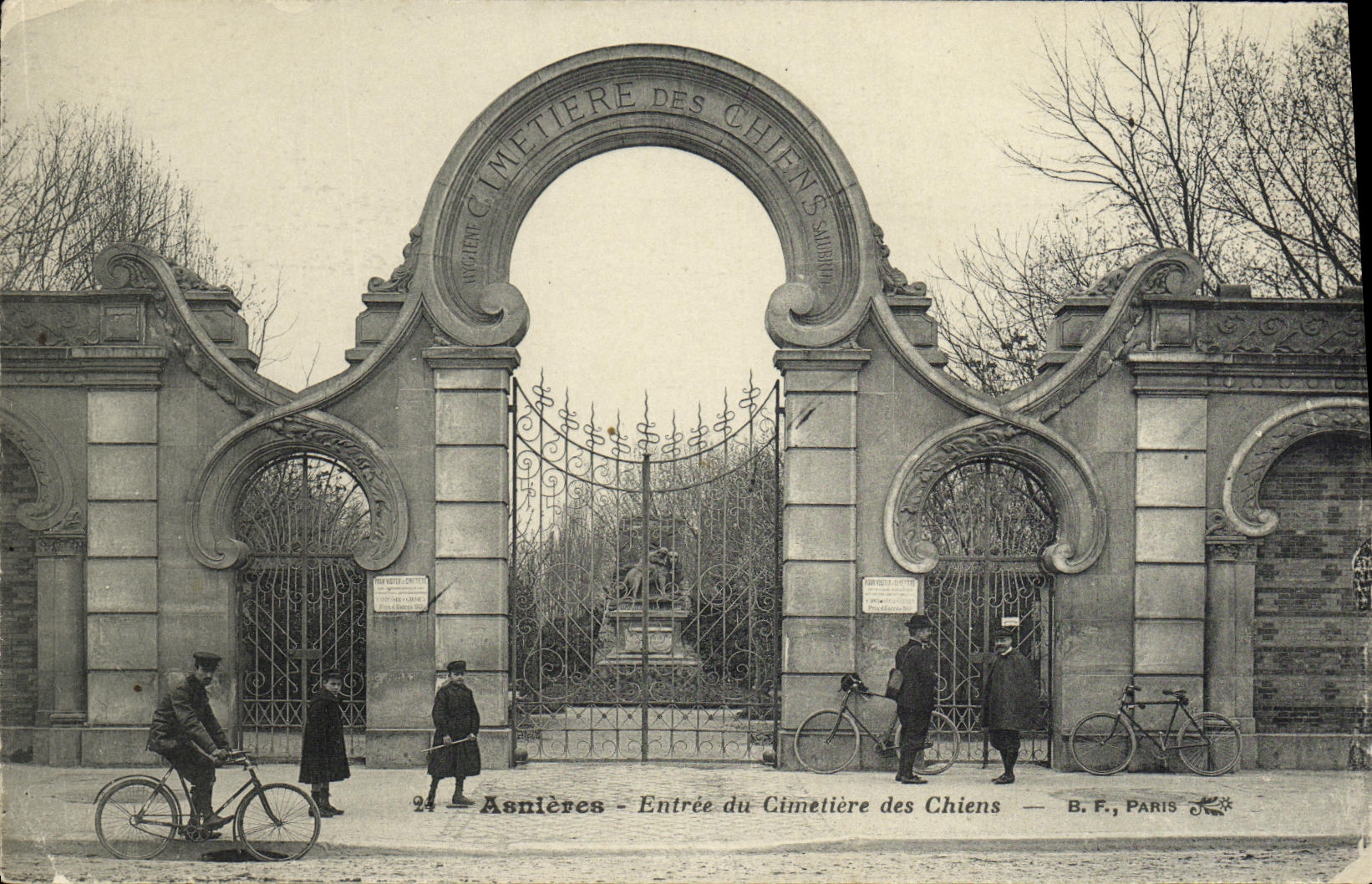 La entrada de Asnieres de la POSTAL de la VENDIMIA del cementerio de la bicicleta de los perros completa un ciclo a ciclista