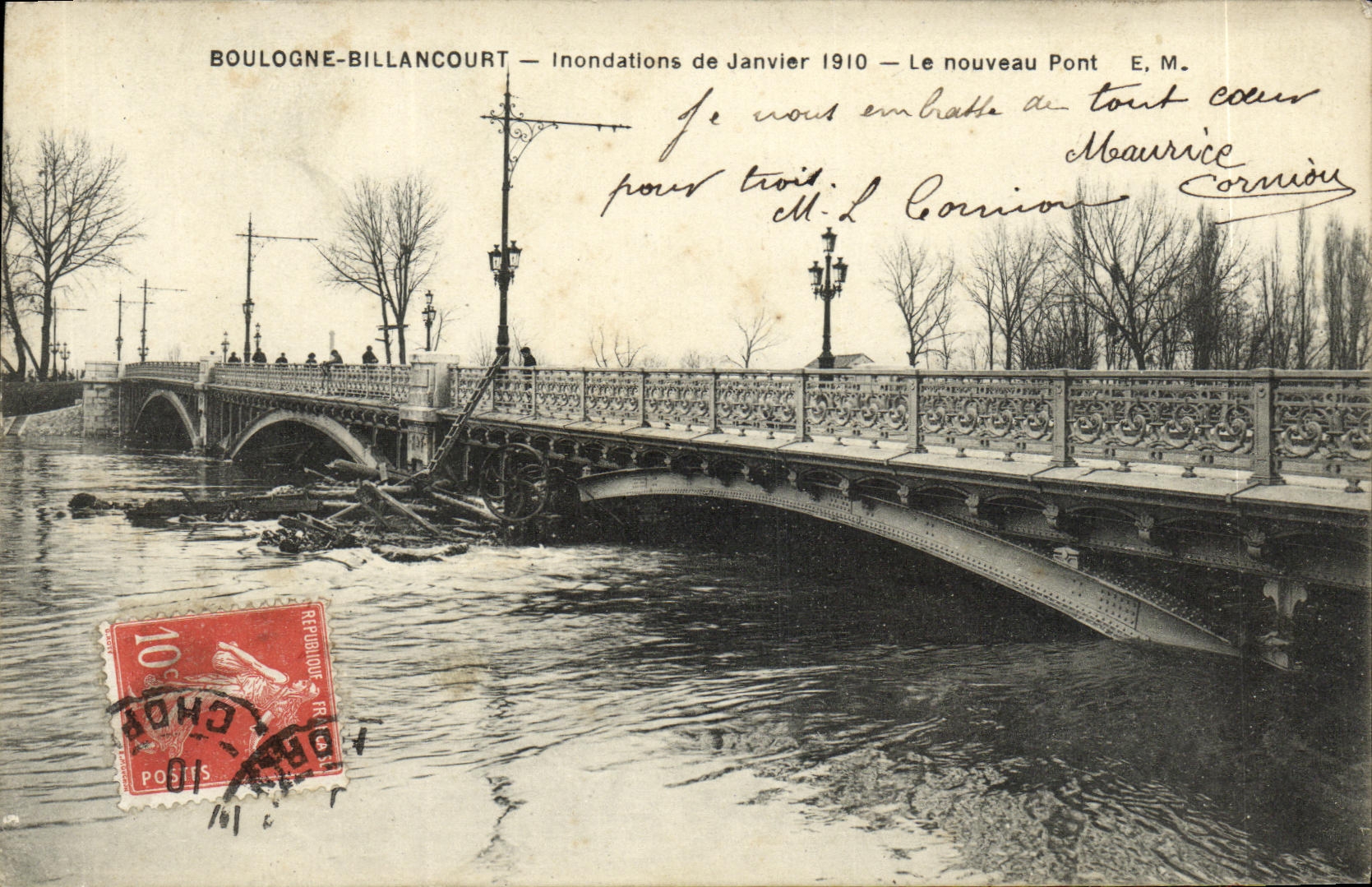 VINTAGE POSTCARD Boulogne Billancourt Floods of January 1910 the New Bridge