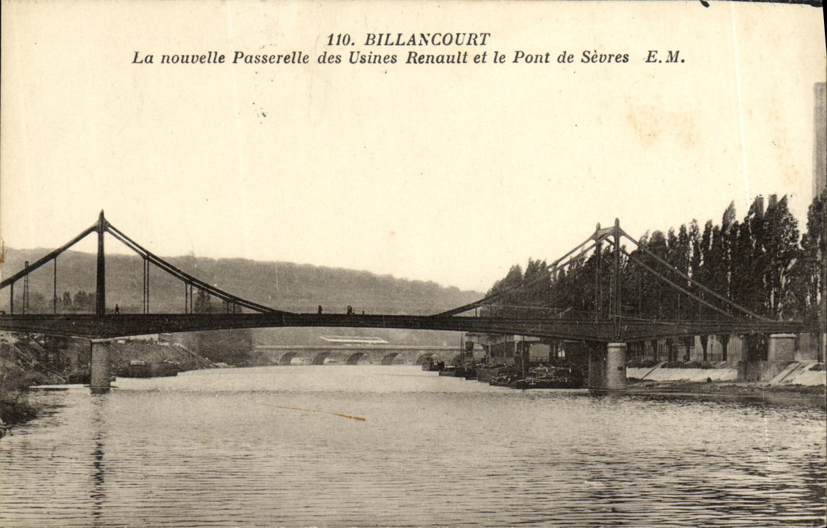 VINTAGE POSTCARD Billancourt the new Footbridge of the Renault Factories and the Bridge of Separate