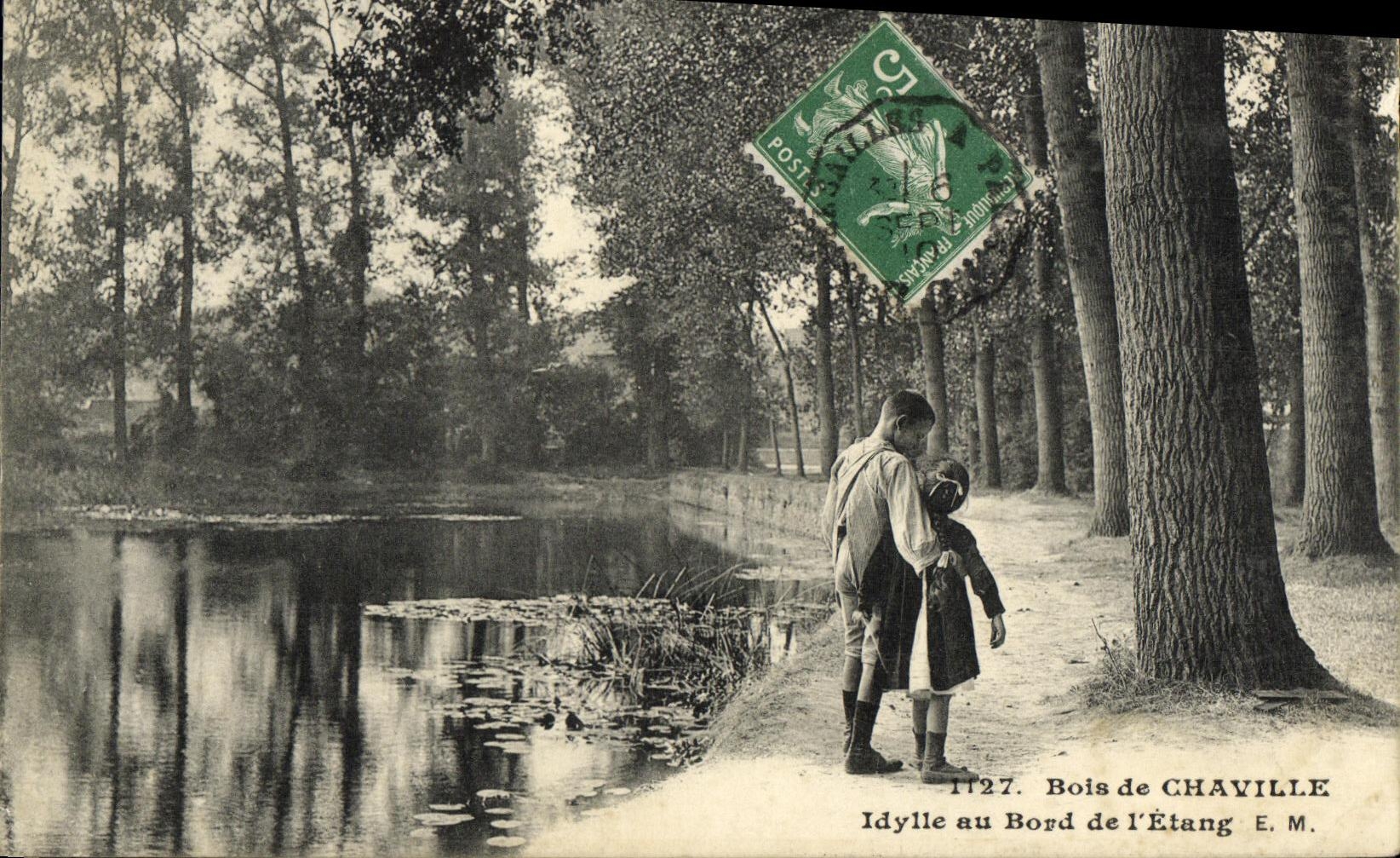 Madera de la POSTAL de la VENDIMIA de Chaville Idylle en el borde de L charca