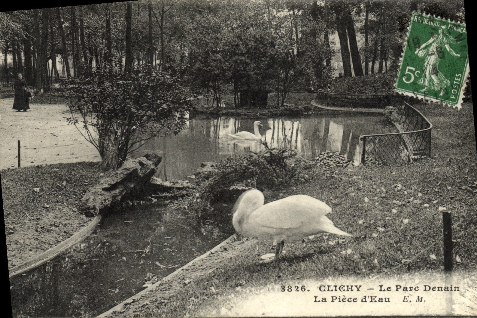 POSTAL Clichy de la VENDIMIA el parque de Denain el cisne del agua de la parte D