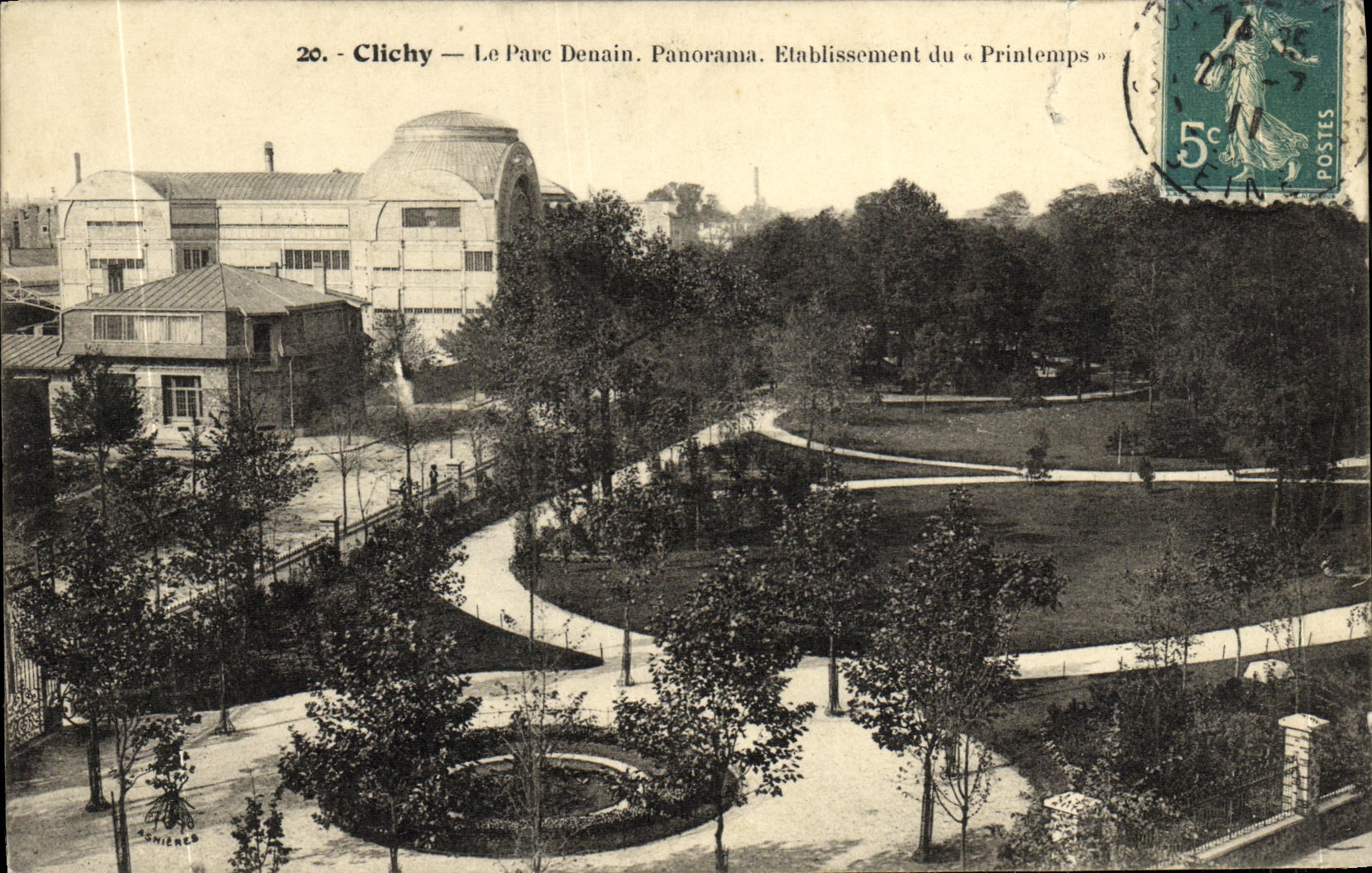 POSTAL Clichy de la VENDIMIA el establecimiento del panorama de Denain del parque de resorte