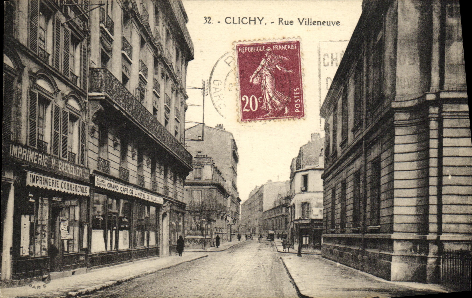 Cafe grande de los trabajos de impresion de Villeneuve de la calle de Clichy de la POSTAL de la VENDIMIA de L ayuntamiento
