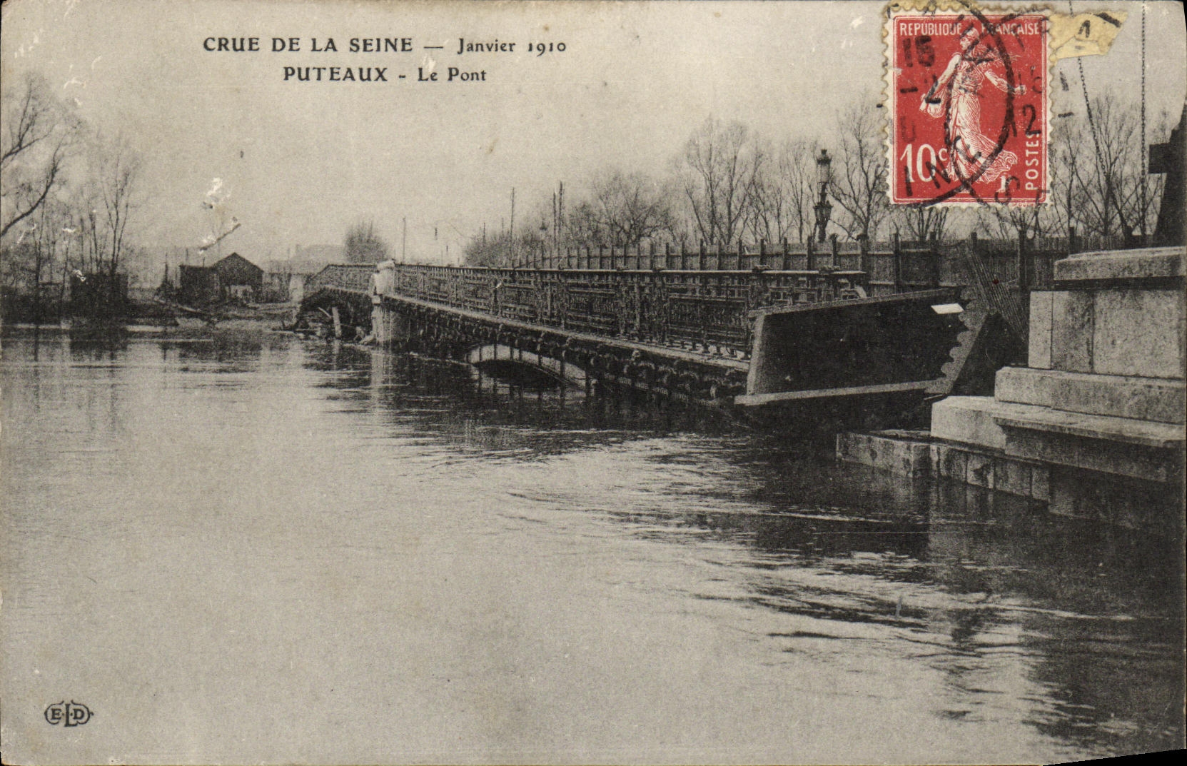 POSTAL Puteaux de la VENDIMIA puente las inundaciones de enero de 1910