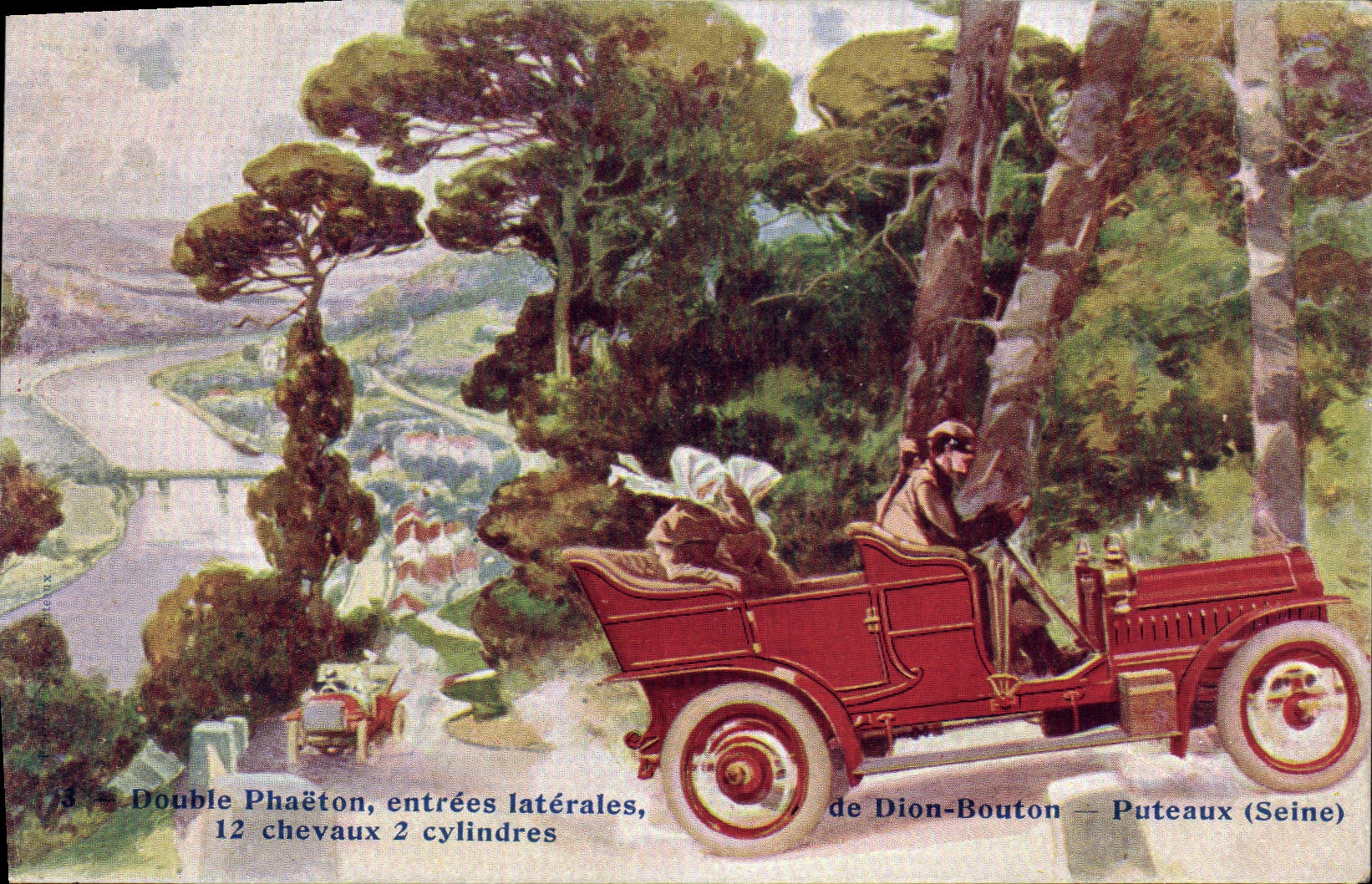 El faeton de la POSTAL de la VENDIMIA incorporo el lado de los dobles del automovil de Dion Bouton Puteaux