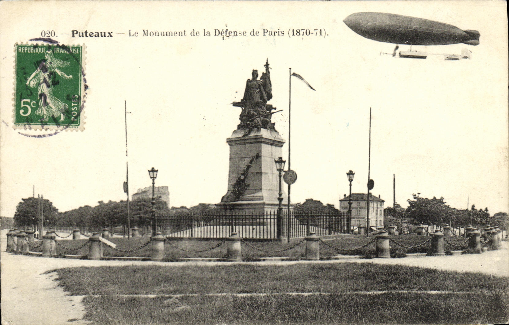 POSTAL Puteaux de la VENDIMIA el monumento de la defensa de Paris 1870 1871 dirigibles del zepelin de Militaria