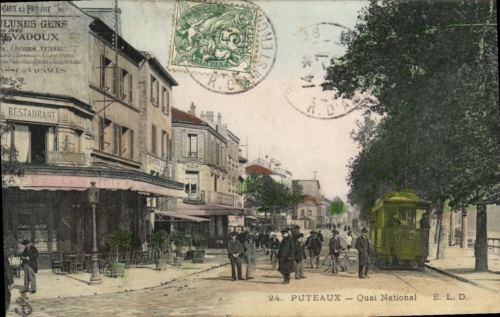 VINTAGE POSTCARD Puteaux National Quay Tram Coffee of the town hall
