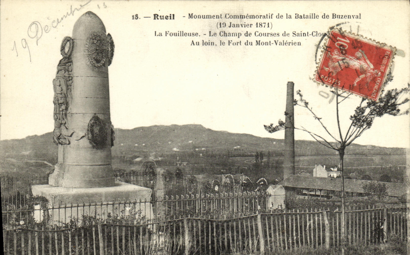 Monumento de Rueil de la POSTAL de la VENDIMIA de la batalla de Buzenval el excavador el hipodromo Saint del montaje de Valerien de la nube