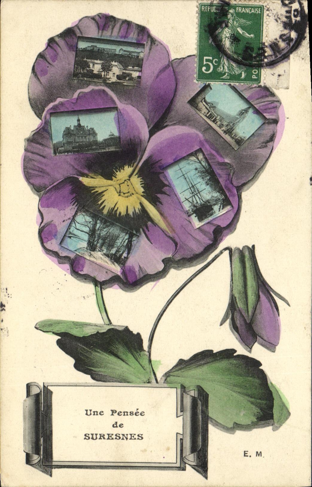 VINTAGE POSTCARD Suresnes a thought flowers