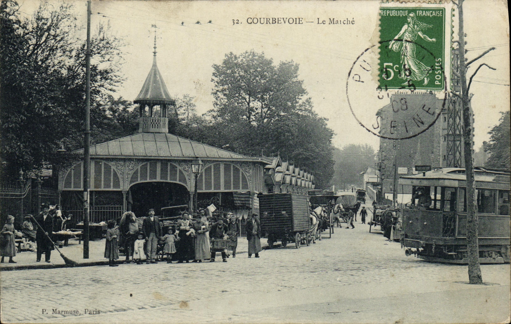 La estacion del mercado de Courbevoie de la POSTAL de la VENDIMIA de tranvias REMATA