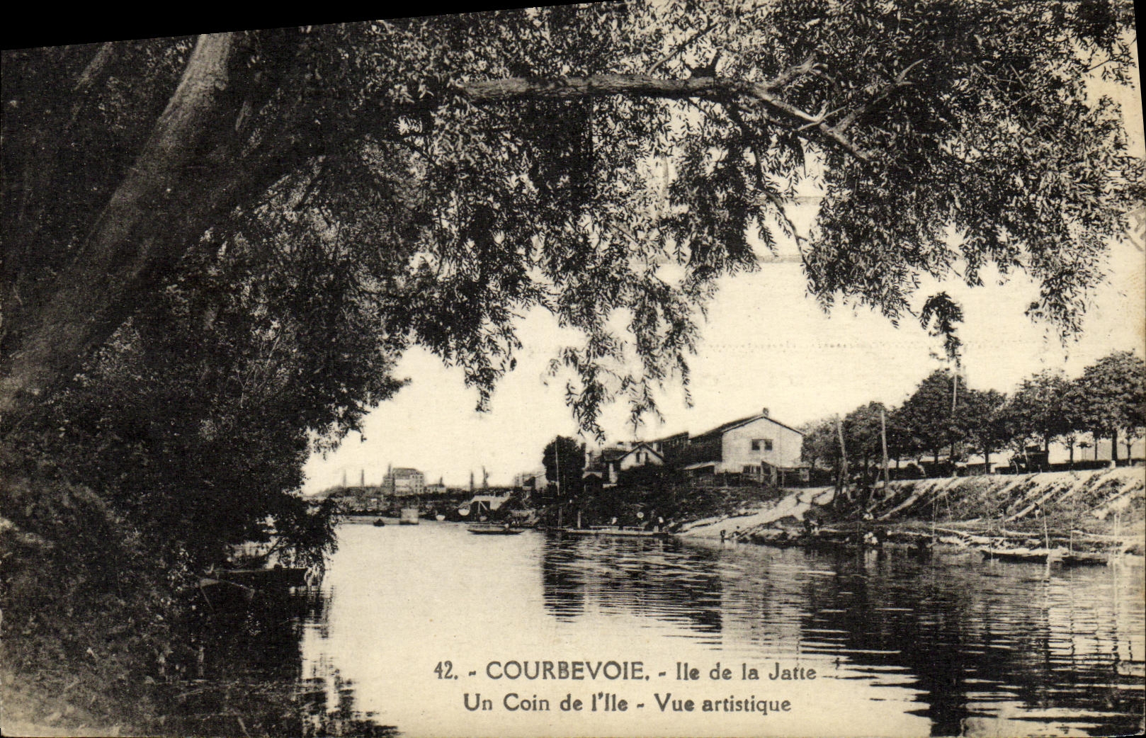 Isla de Courbevoie de la POSTAL de la VENDIMIA del tazon de fuente una esquina de L artistico vista isla