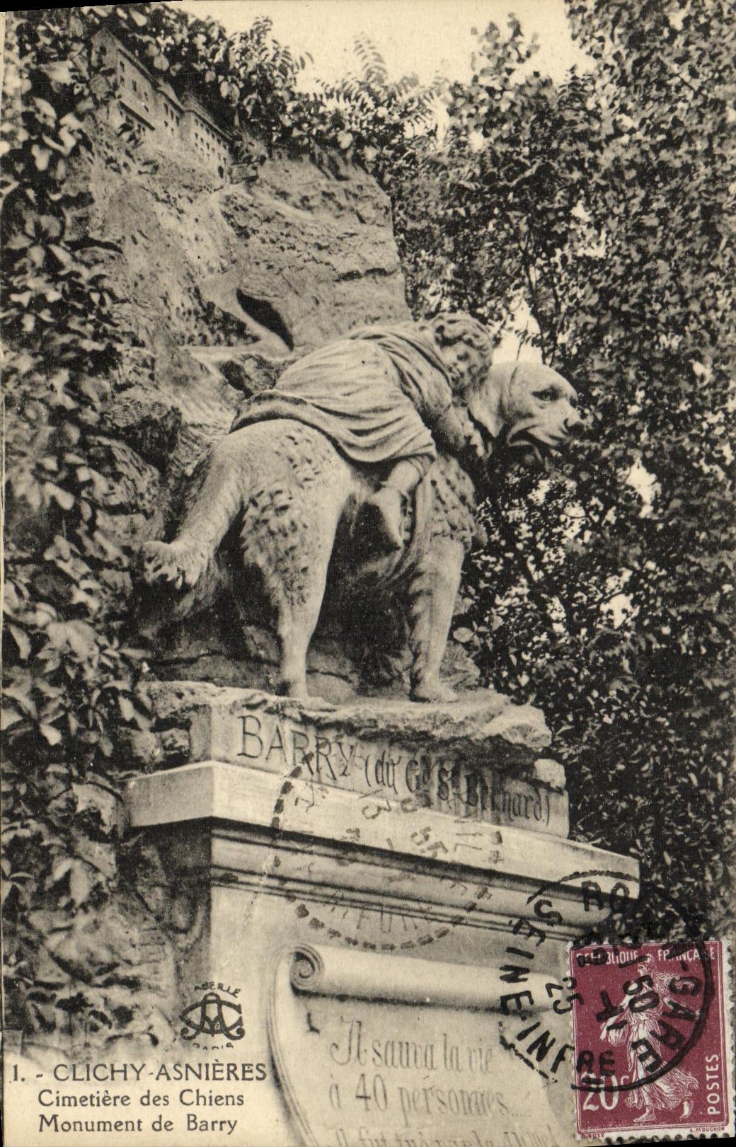 VINTAGE POSTCARD Clichy Asnieres Cemetery of the Dogs Monument of Barry