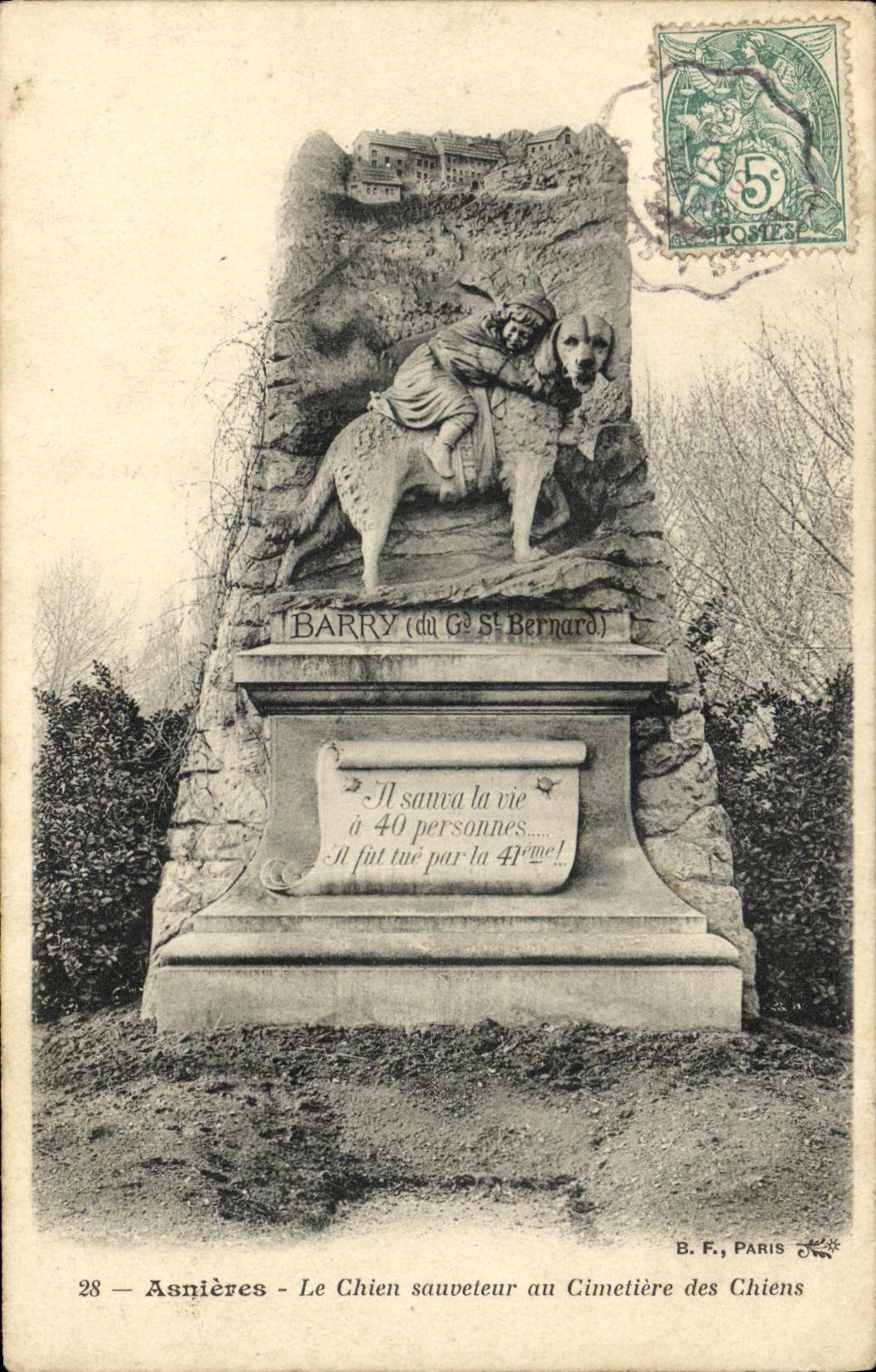 VINTAGE POSTCARD Asnieres the dog rescuer with the Cemetery of the Dogs