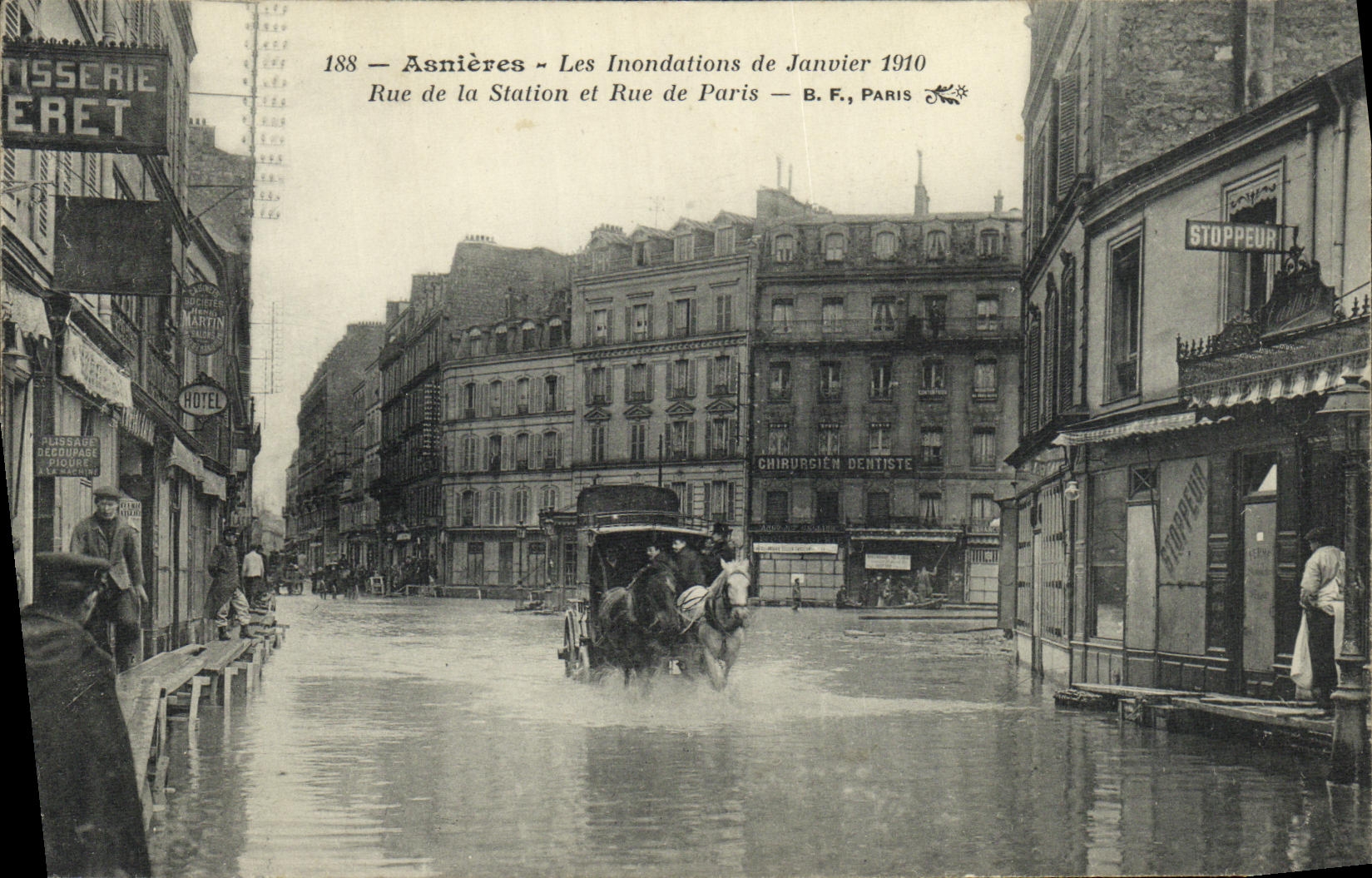 VINTAGE POSTCARD Asnieres Floods of January Street of the Station and Street of Paris